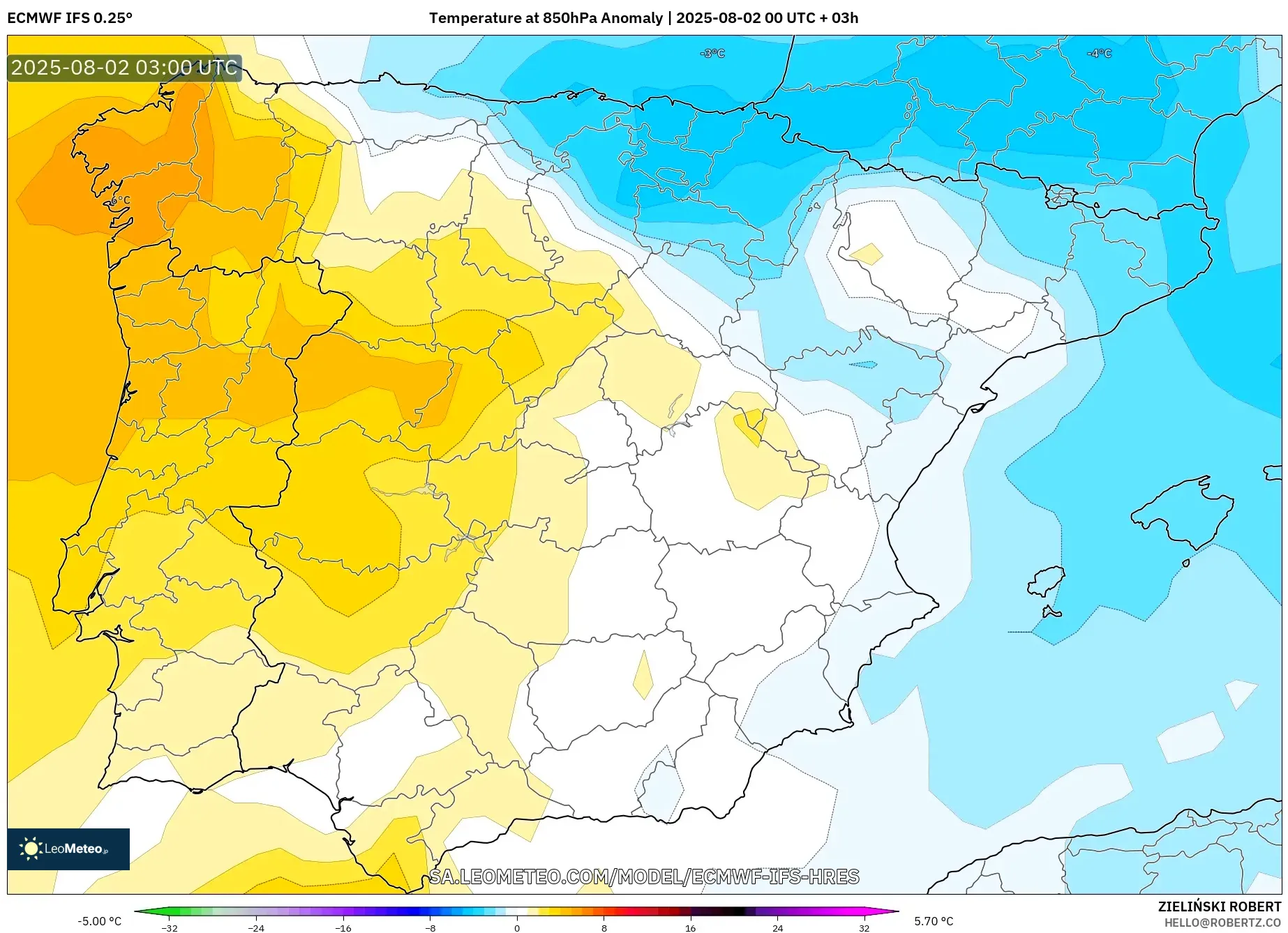ECMWF IFS 0.25° model - Spanyol, Anomali Suhu 850 hPa