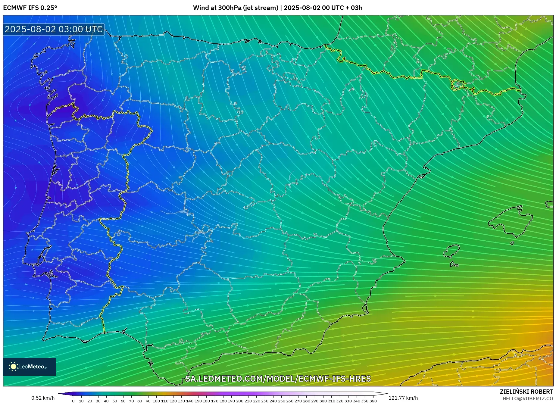 ECMWF IFS 0.25° model - Spanyol, Angin 300 hPa (aliran jet)