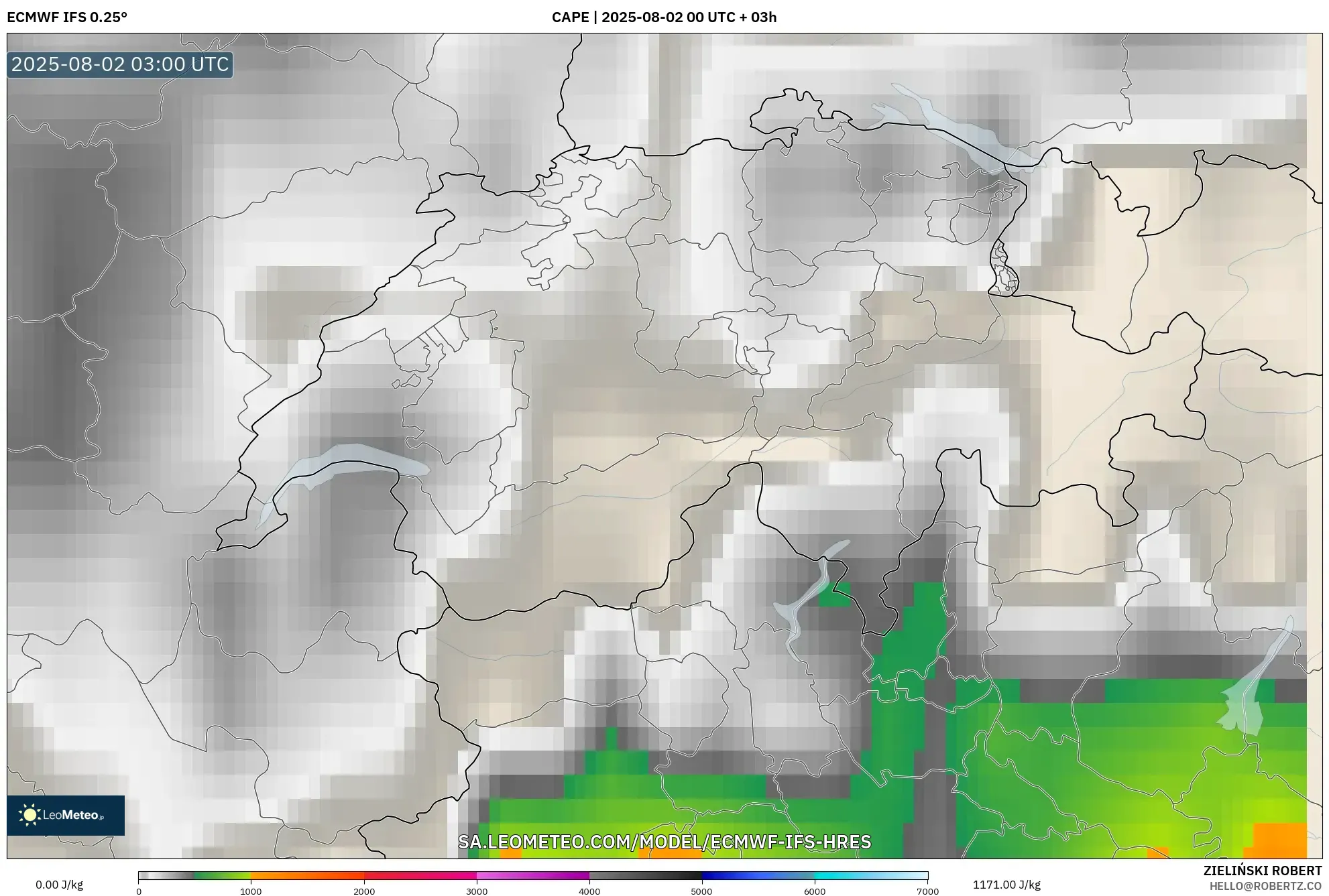 ECMWF IFS 0.25° model - Switzerland, CAPE ECMWF IFS 0.25° model - Switzerland, CAPE