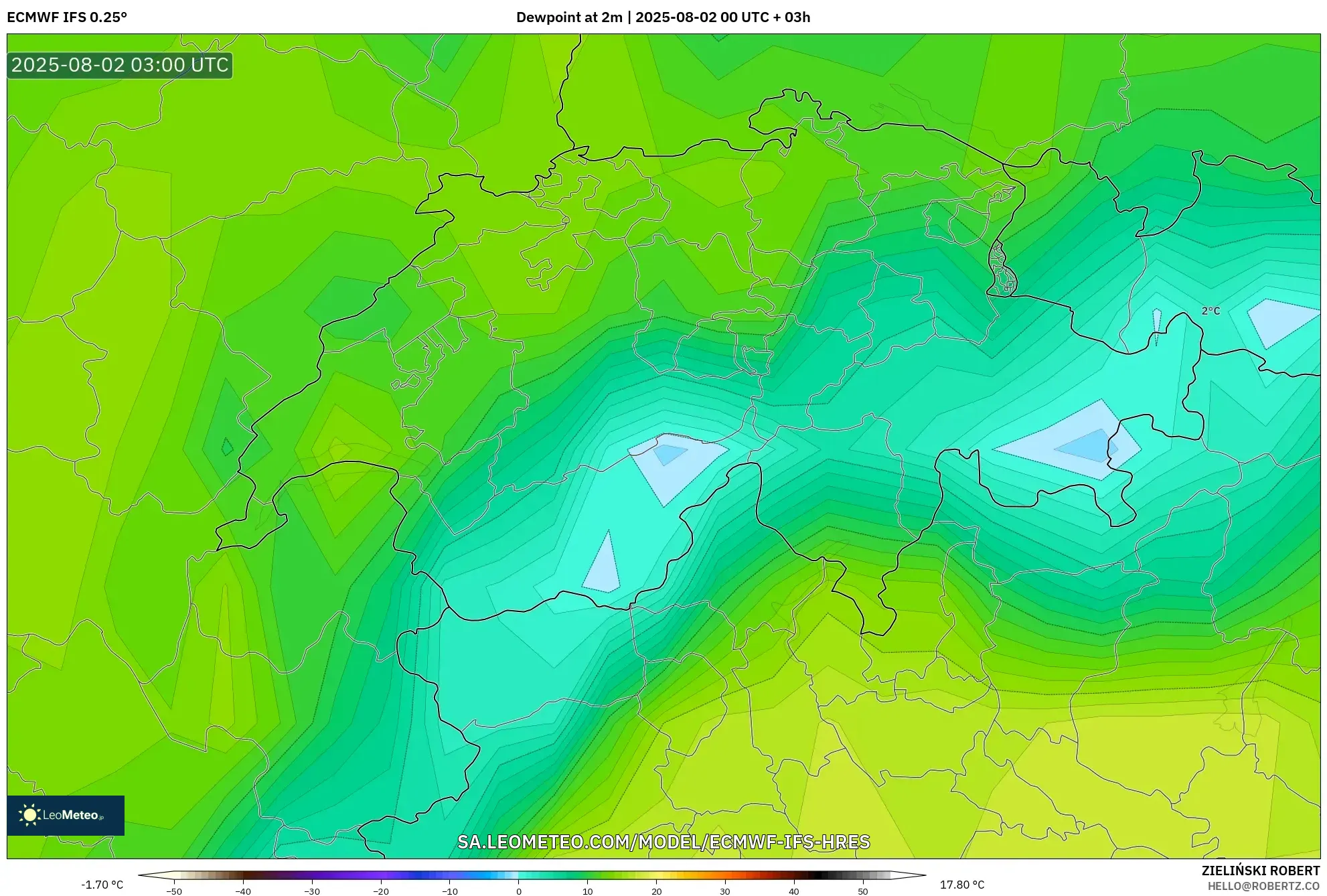ECMWF IFS 0.25° model - Swiss, Titik Embun 2 m