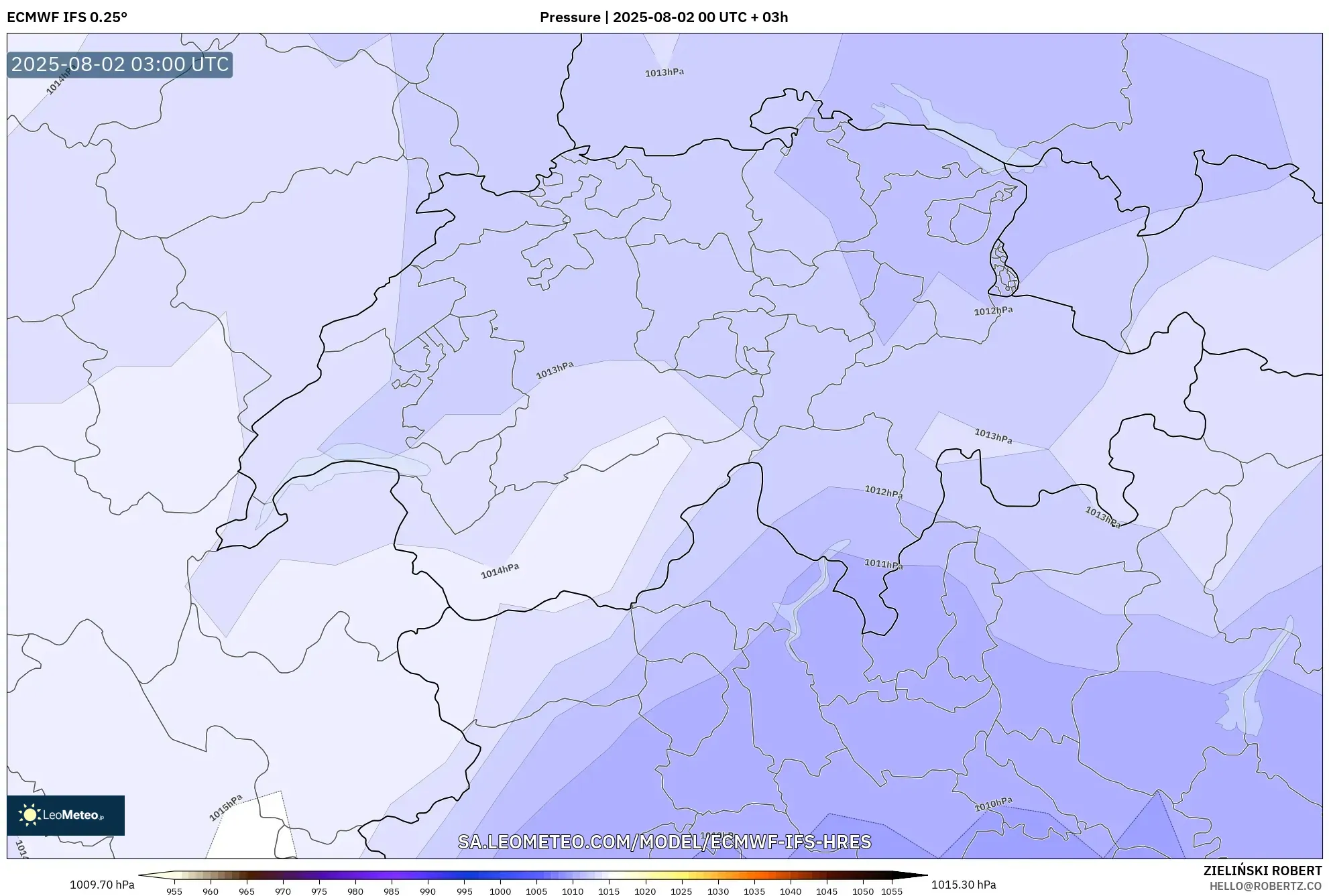 ECMWF IFS 0.25° model - Switzerland, Tekanan ECMWF IFS 0.25° model - Switzerland, Tekanan