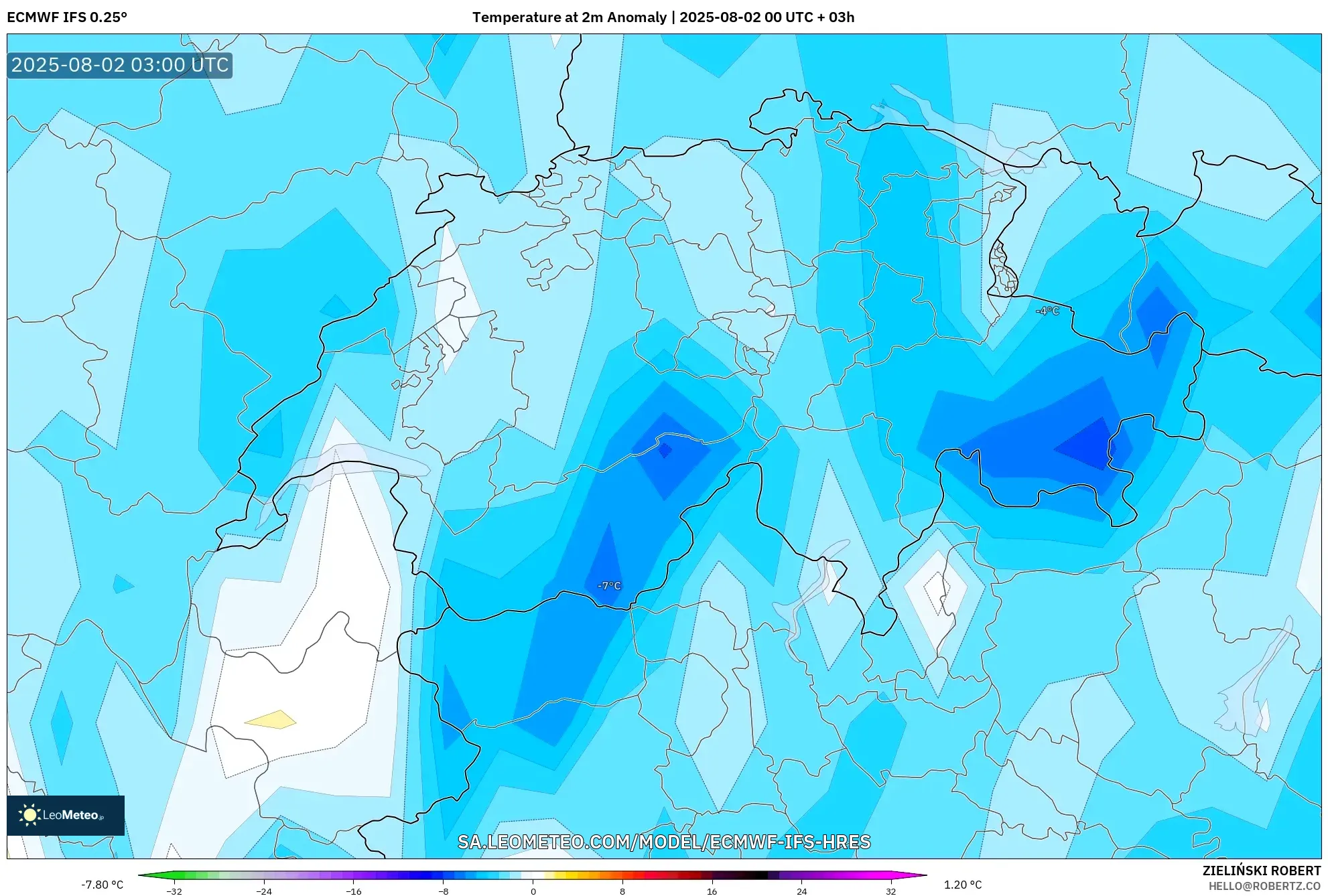 ECMWF IFS 0.25° model - Swiss, Anomali Suhu 2 m ECMWF IFS 0.25° model - Swiss, Anomali Suhu 2 m