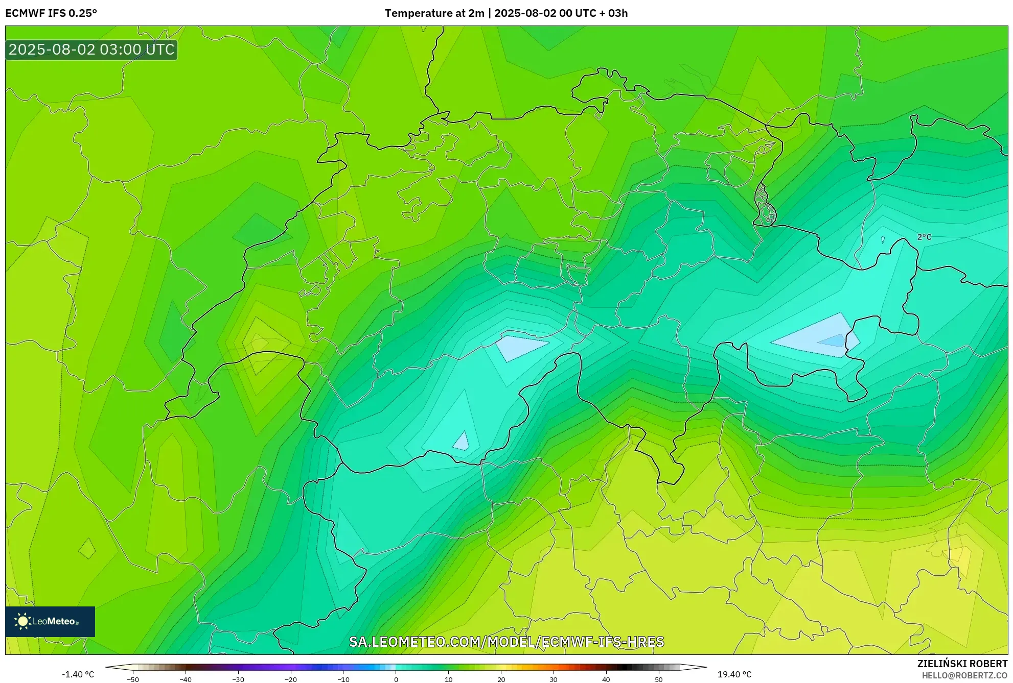 ECMWF IFS 0.25° model - Swiss, Suhu 2 m ECMWF IFS 0.25° model - Swiss, Suhu 2 m