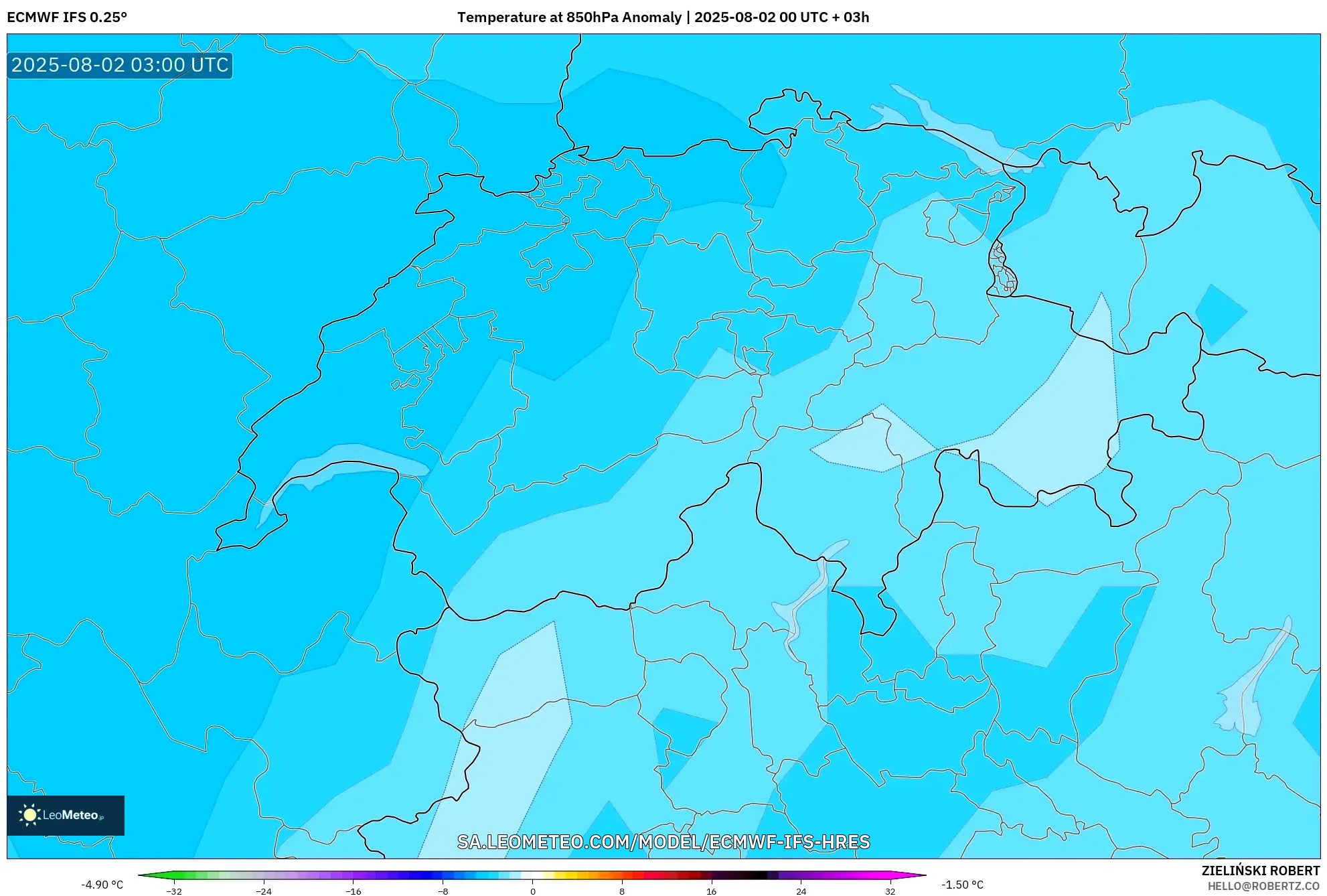 ECMWF IFS 0.25° model - Swiss, Anomali Suhu 850 hPa
