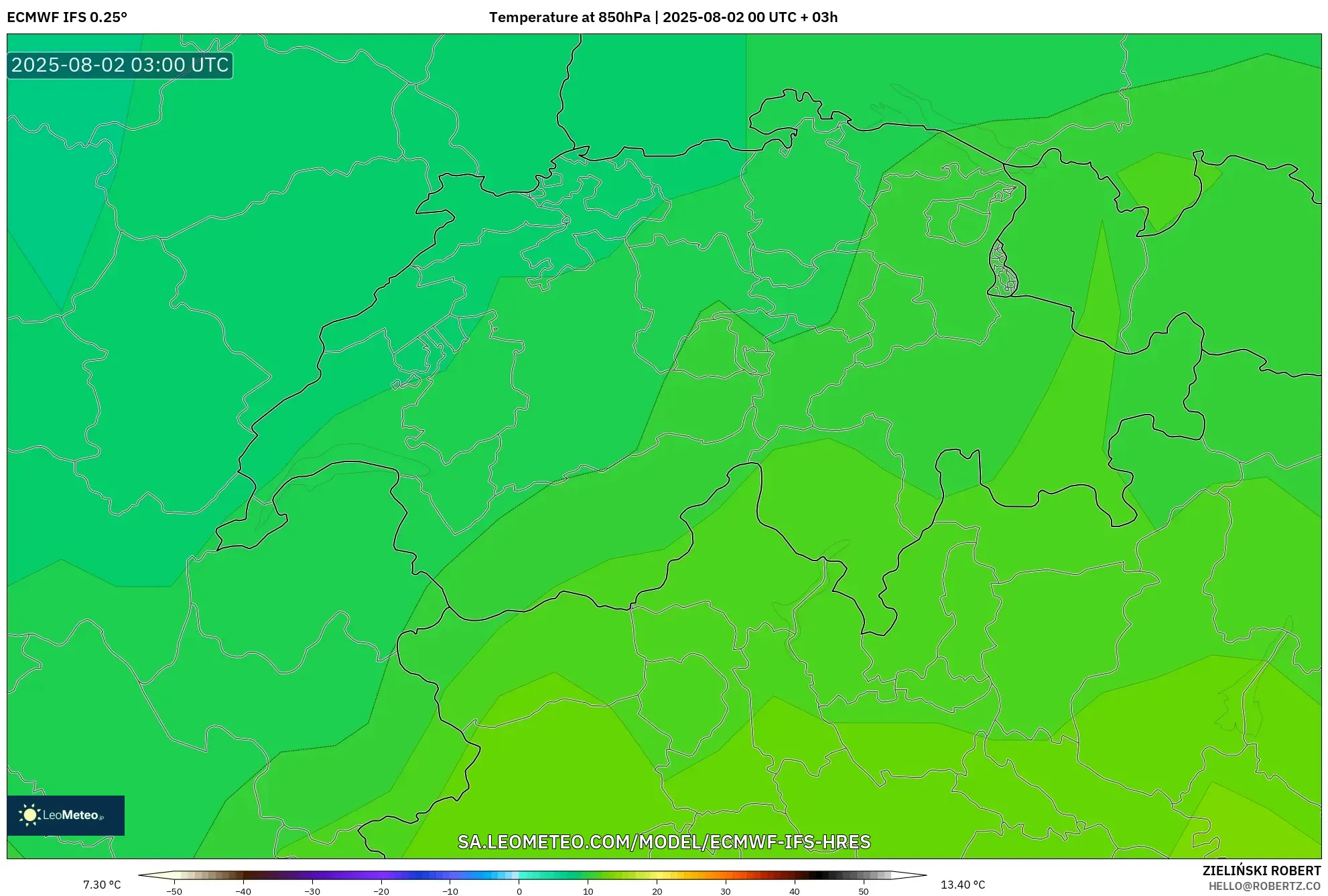 ECMWF IFS 0.25° model - Swiss, Suhu 850 hPa ECMWF IFS 0.25° model - Swiss, Suhu 850 hPa