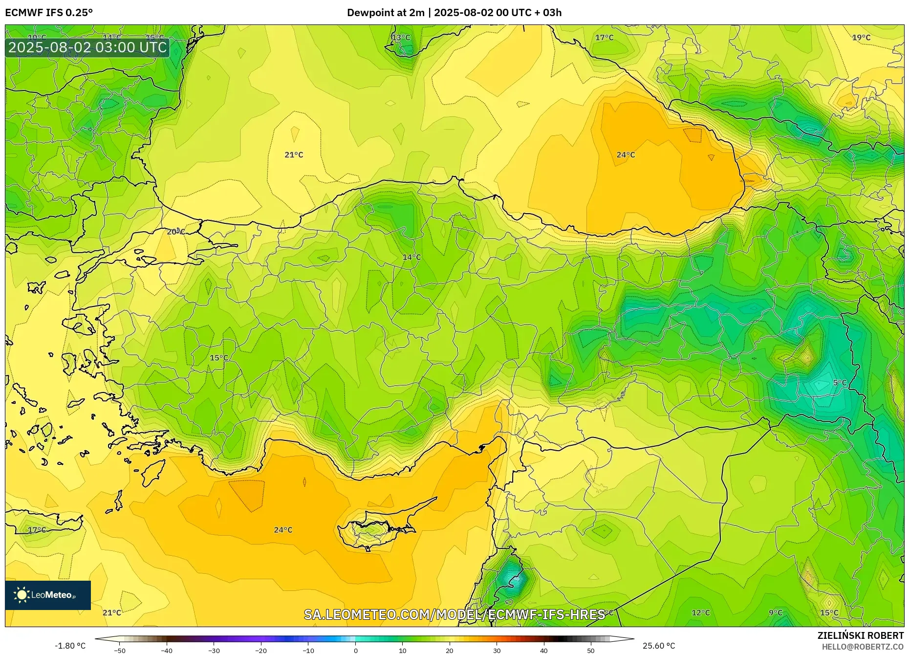 ECMWF IFS 0.25° model - Turki, Titik Embun 2 m