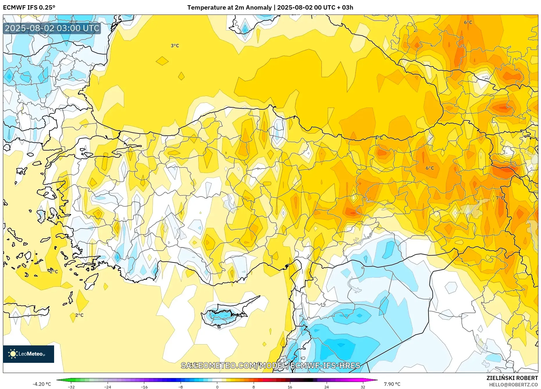 ECMWF IFS 0.25° model - Turki, Anomali Suhu 2 m ECMWF IFS 0.25° model - Turki, Anomali Suhu 2 m