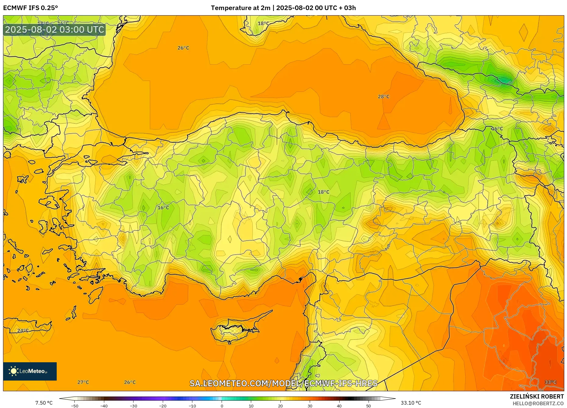 ECMWF IFS 0.25° model - Turki, Suhu 2 m ECMWF IFS 0.25° model - Turki, Suhu 2 m