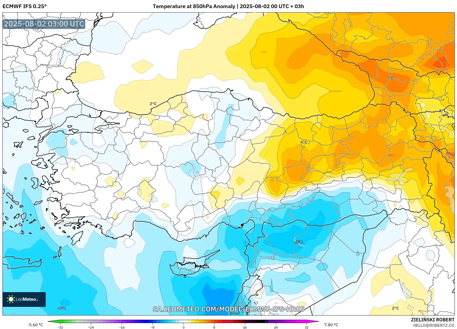 ECMWF IFS 0.25° model - Turki, Anomali Suhu 850 hPa
