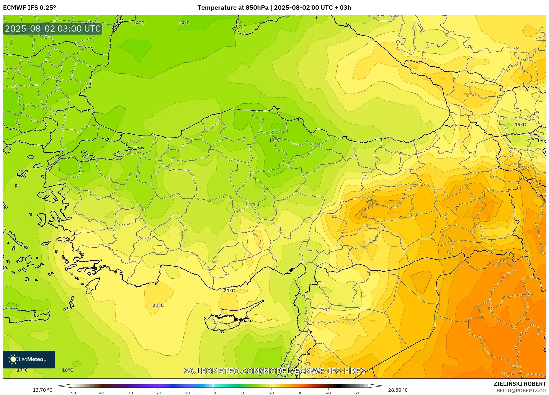 ECMWF IFS 0.25° model - Turki, Suhu 850 hPa ECMWF IFS 0.25° model - Turki, Suhu 850 hPa