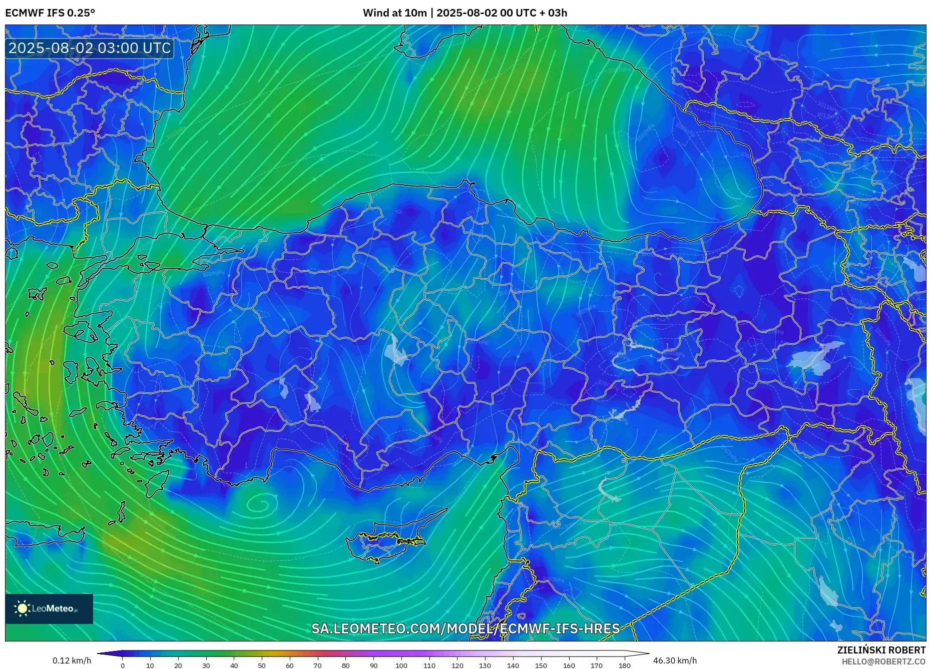 ECMWF IFS 0.25° model - Turki, Angin 10 m ECMWF IFS 0.25° model - Turki, Angin 10 m