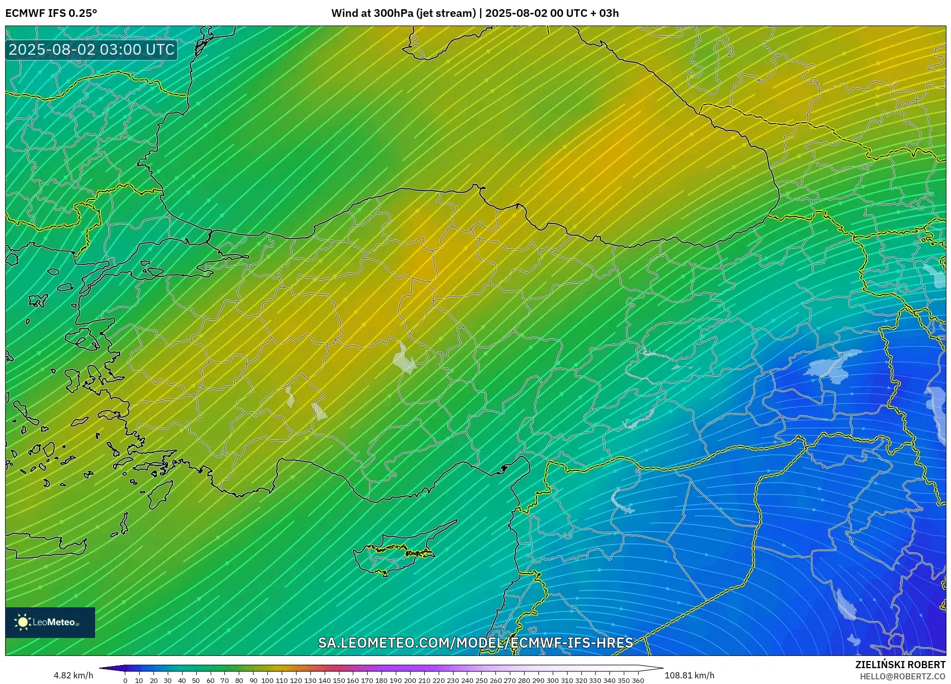 ECMWF IFS 0.25° model - Turki, Angin 300 hPa (aliran jet)