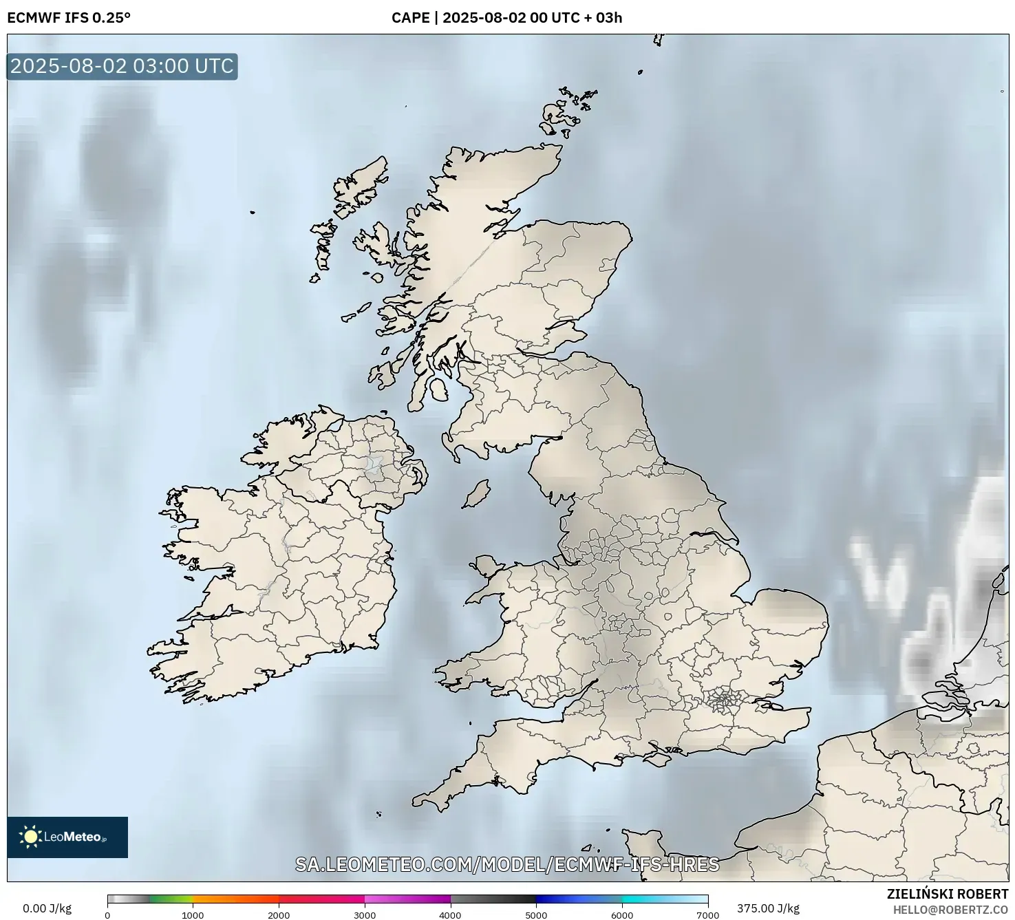 ECMWF IFS 0.25° model - Britania Raya, CAPE