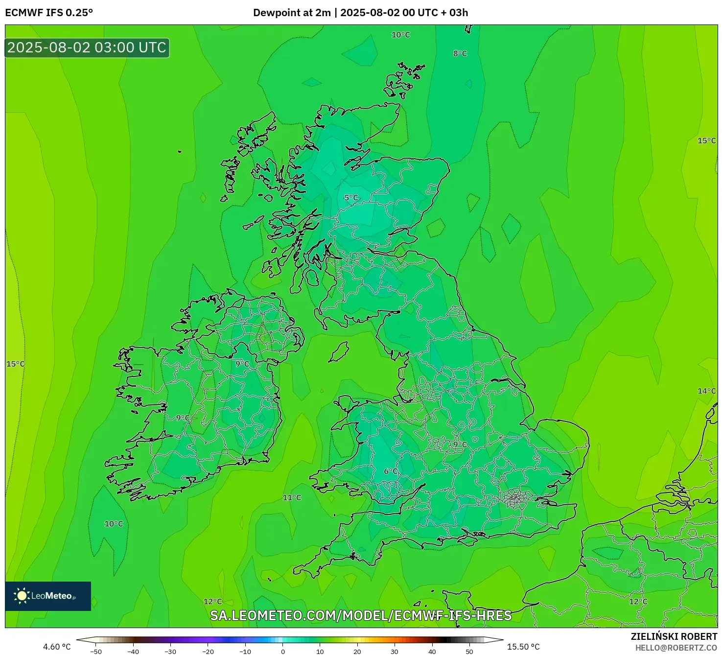 ECMWF IFS 0.25° model - Britania Raya, Titik Embun 2 m