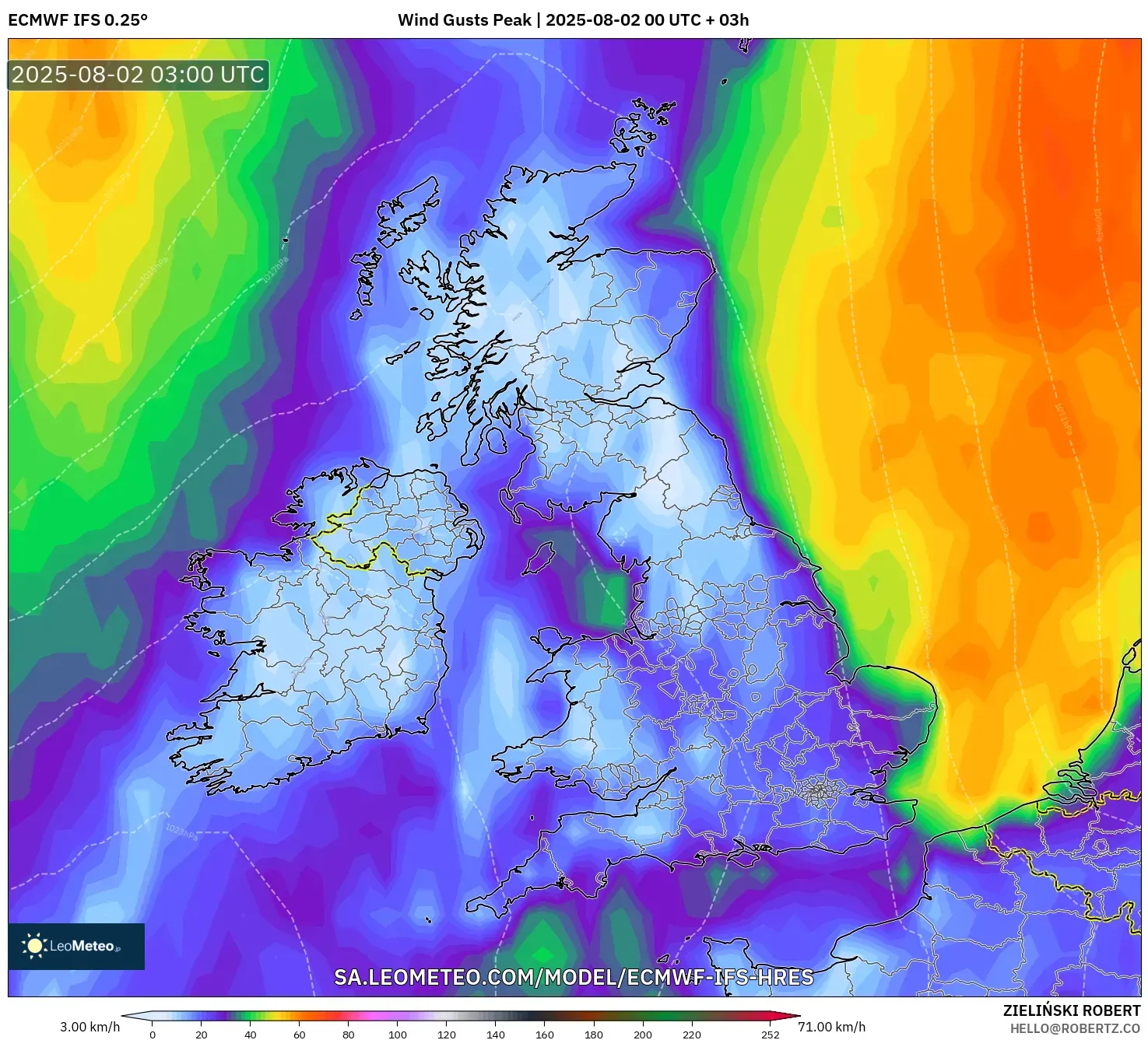 ECMWF IFS 0.25° model - Britania Raya, Puncak Hembusan
