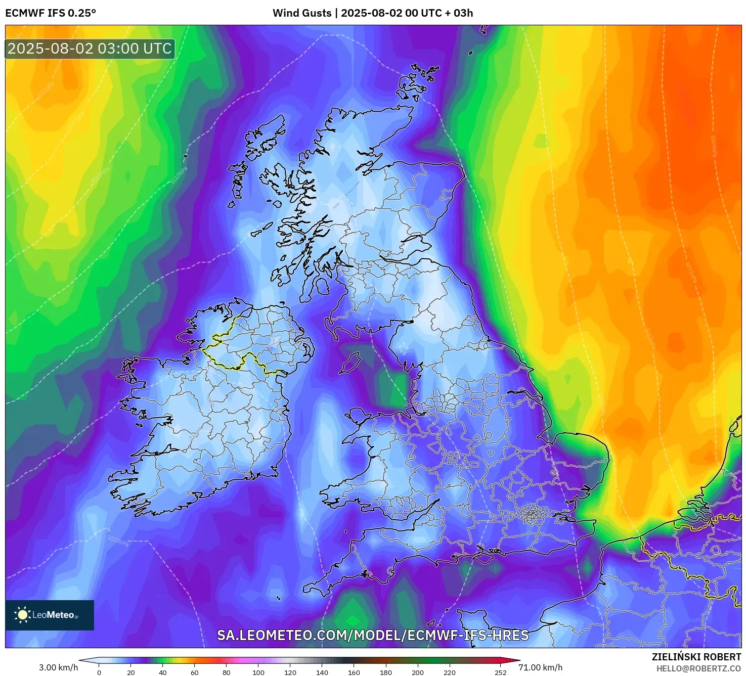 ECMWF IFS 0.25° model - Britania Raya, Hembusan Angin
