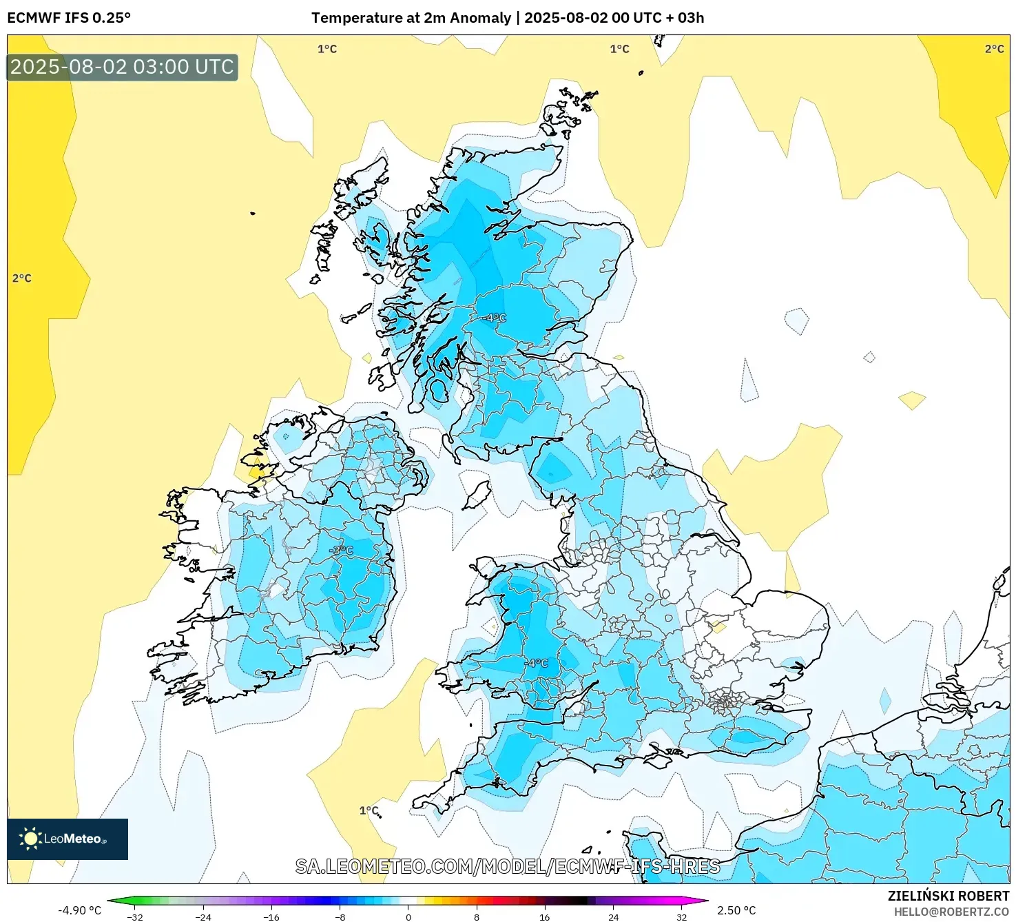 ECMWF IFS 0.25° model - Britania Raya, Anomali Suhu 2 m ECMWF IFS 0.25° model - Britania Raya, Anomali Suhu 2 m