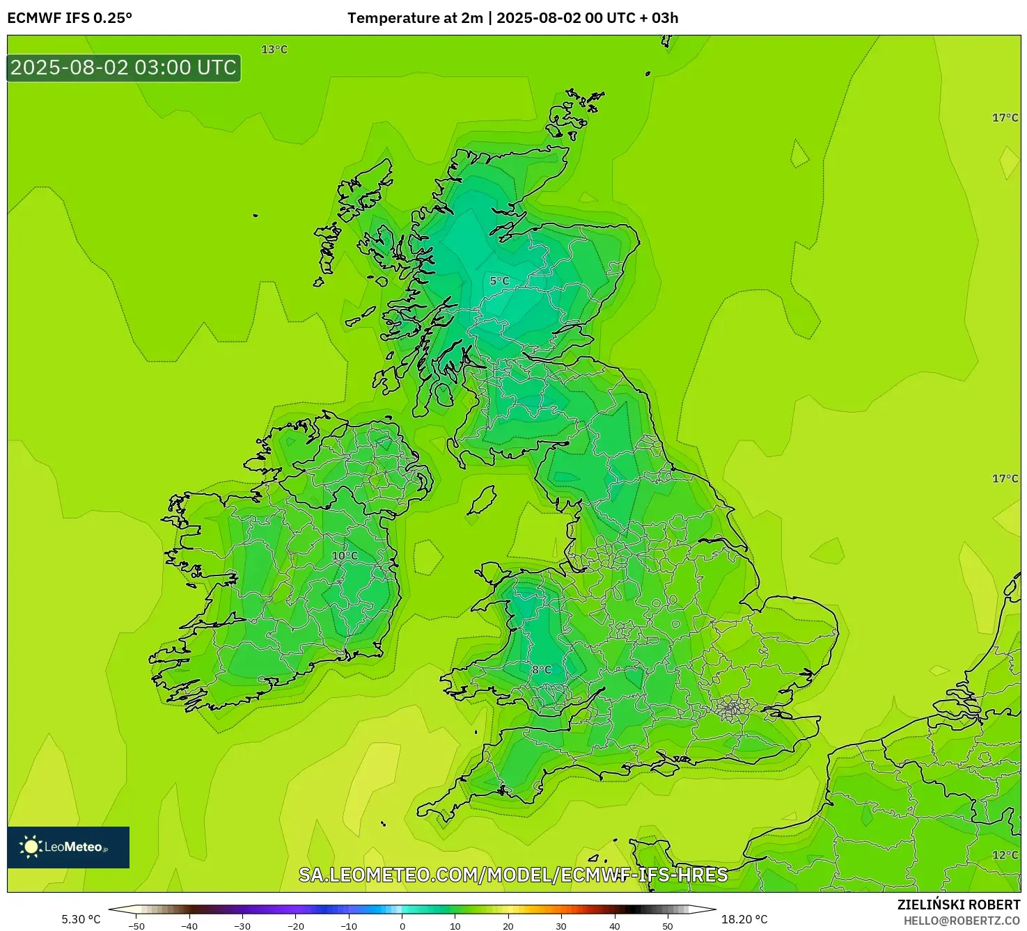 ECMWF IFS 0.25° model - Britania Raya, Suhu 2 m ECMWF IFS 0.25° model - Britania Raya, Suhu 2 m