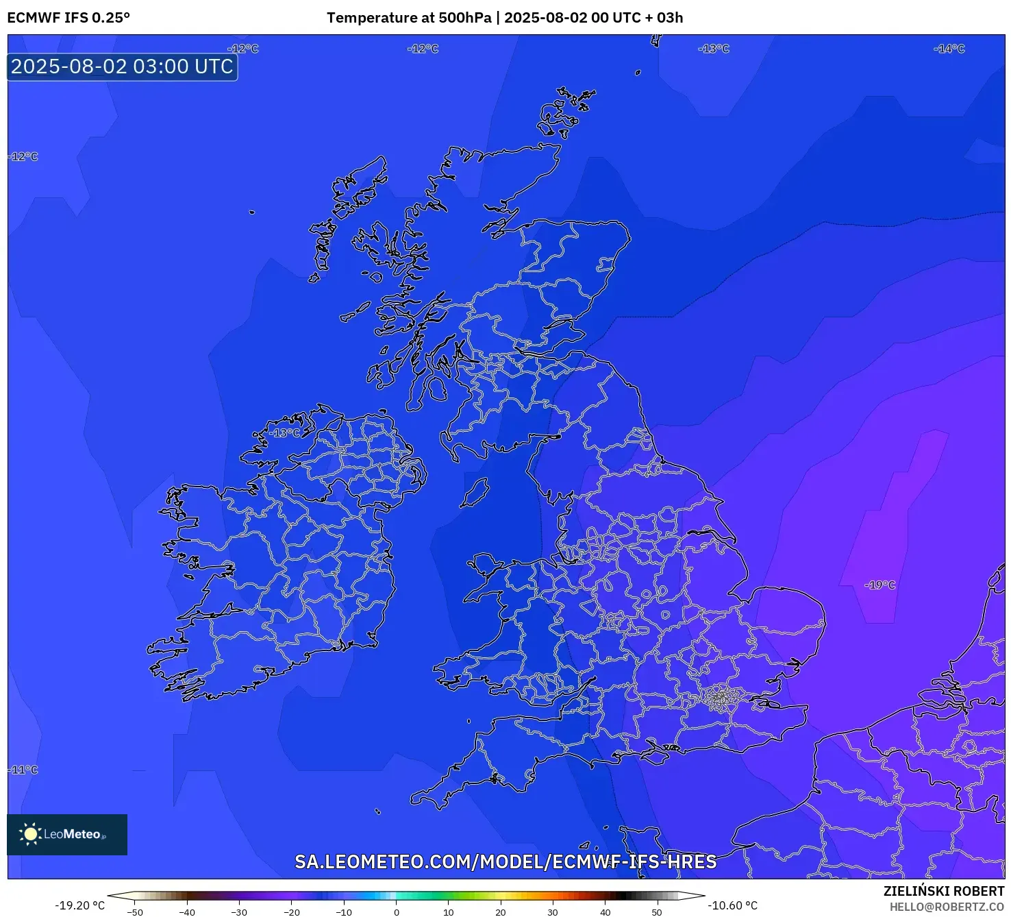 ECMWF IFS 0.25° model - Britania Raya, Suhu 500 hPa