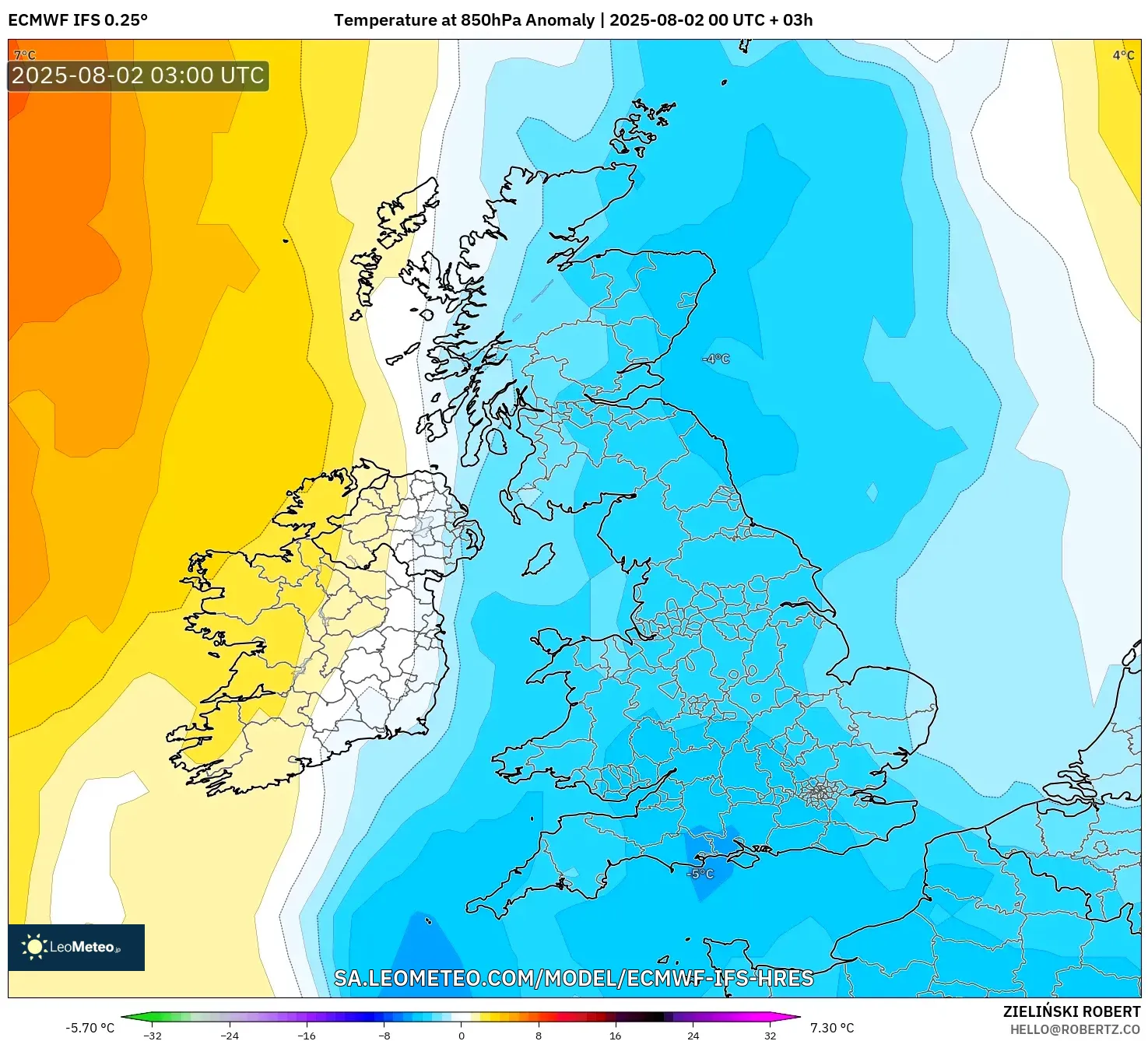 ECMWF IFS 0.25° model - Britania Raya, Anomali Suhu 850 hPa ECMWF IFS 0.25° model - Britania Raya, Anomali Suhu 850 hPa
