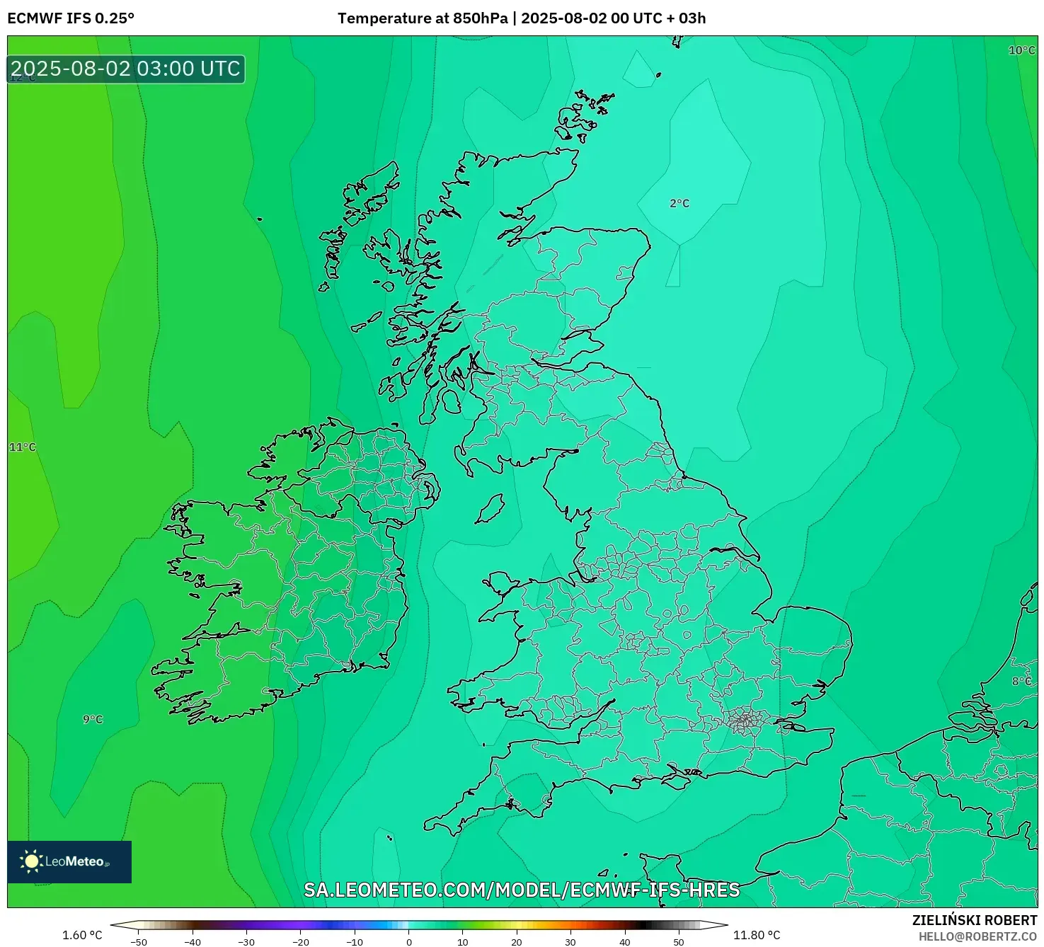 ECMWF IFS 0.25° model - Britania Raya, Suhu 850 hPa ECMWF IFS 0.25° model - Britania Raya, Suhu 850 hPa