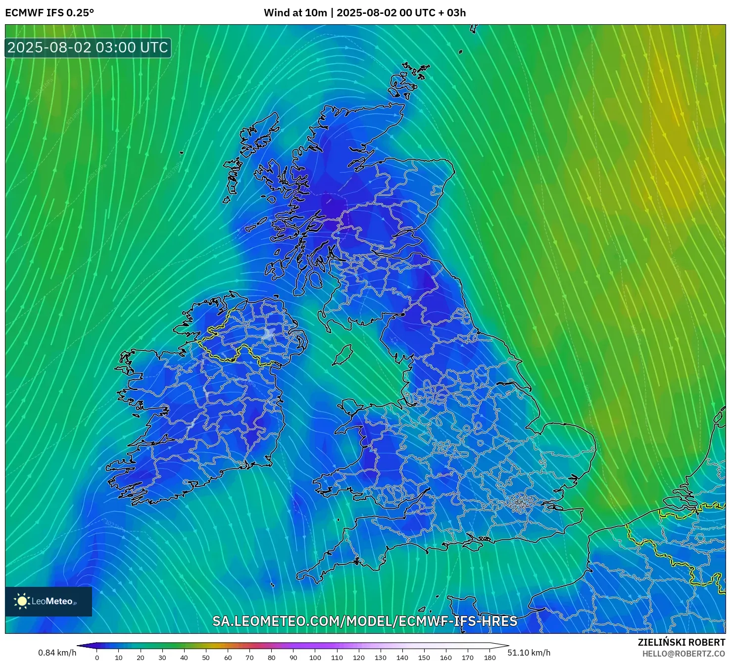 ECMWF IFS 0.25° model - Britania Raya, Angin 10 m ECMWF IFS 0.25° model - Britania Raya, Angin 10 m