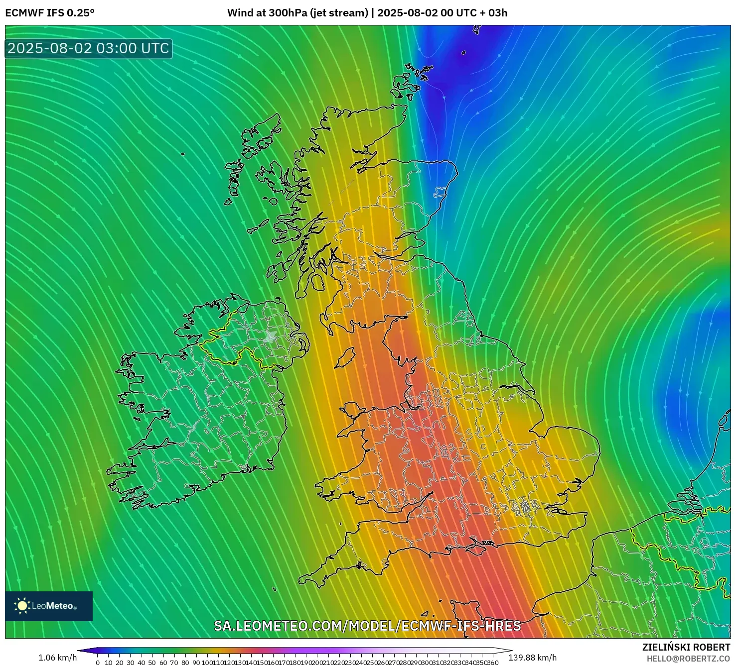 ECMWF IFS 0.25° model - Britania Raya, Angin 300 hPa (aliran jet) ECMWF IFS 0.25° model - Britania Raya, Angin 300 hPa (aliran jet)