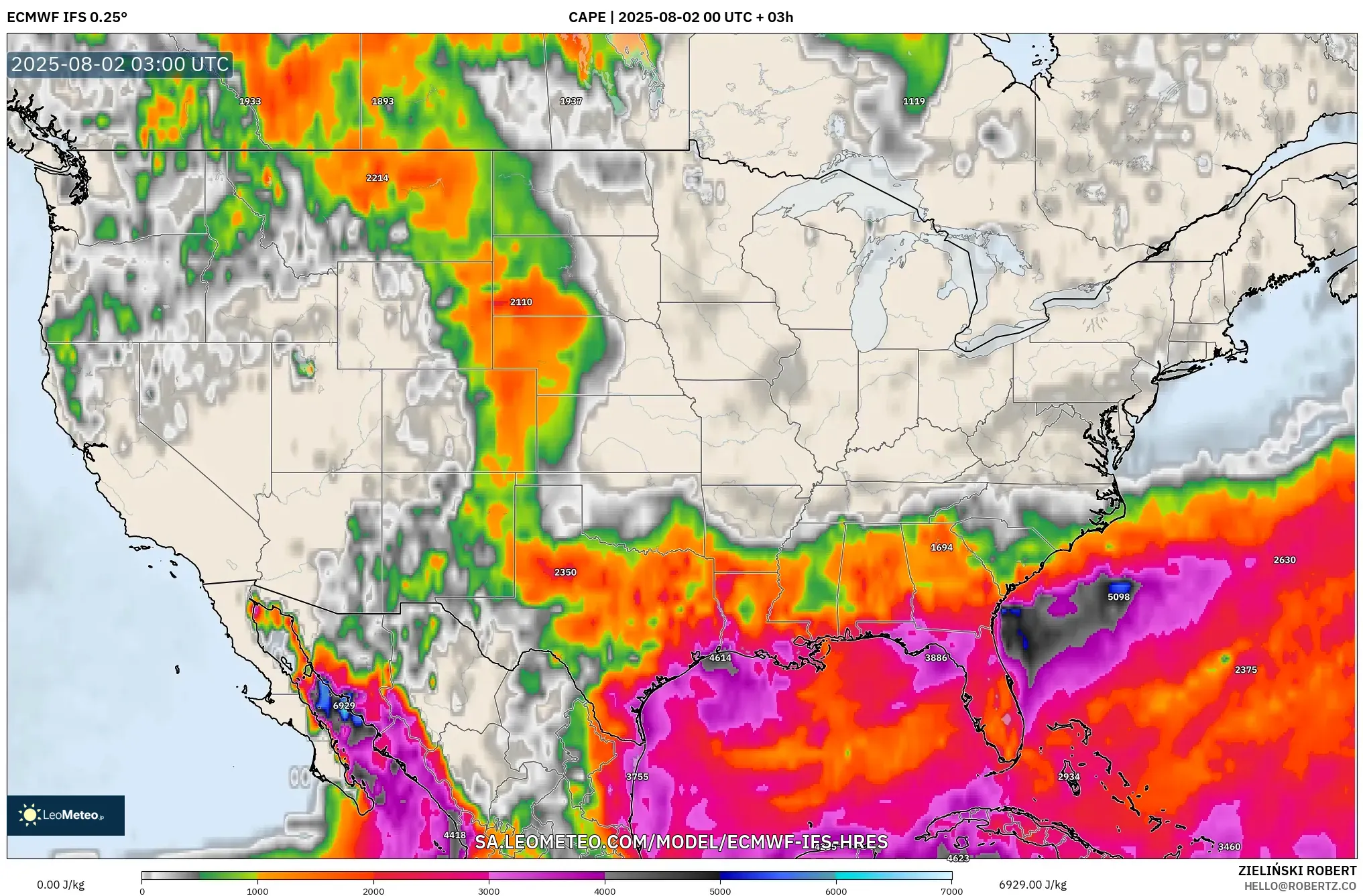ECMWF IFS 0.25° model - Amerika Syarikat, CAPE ECMWF IFS 0.25° model - Amerika Syarikat, CAPE