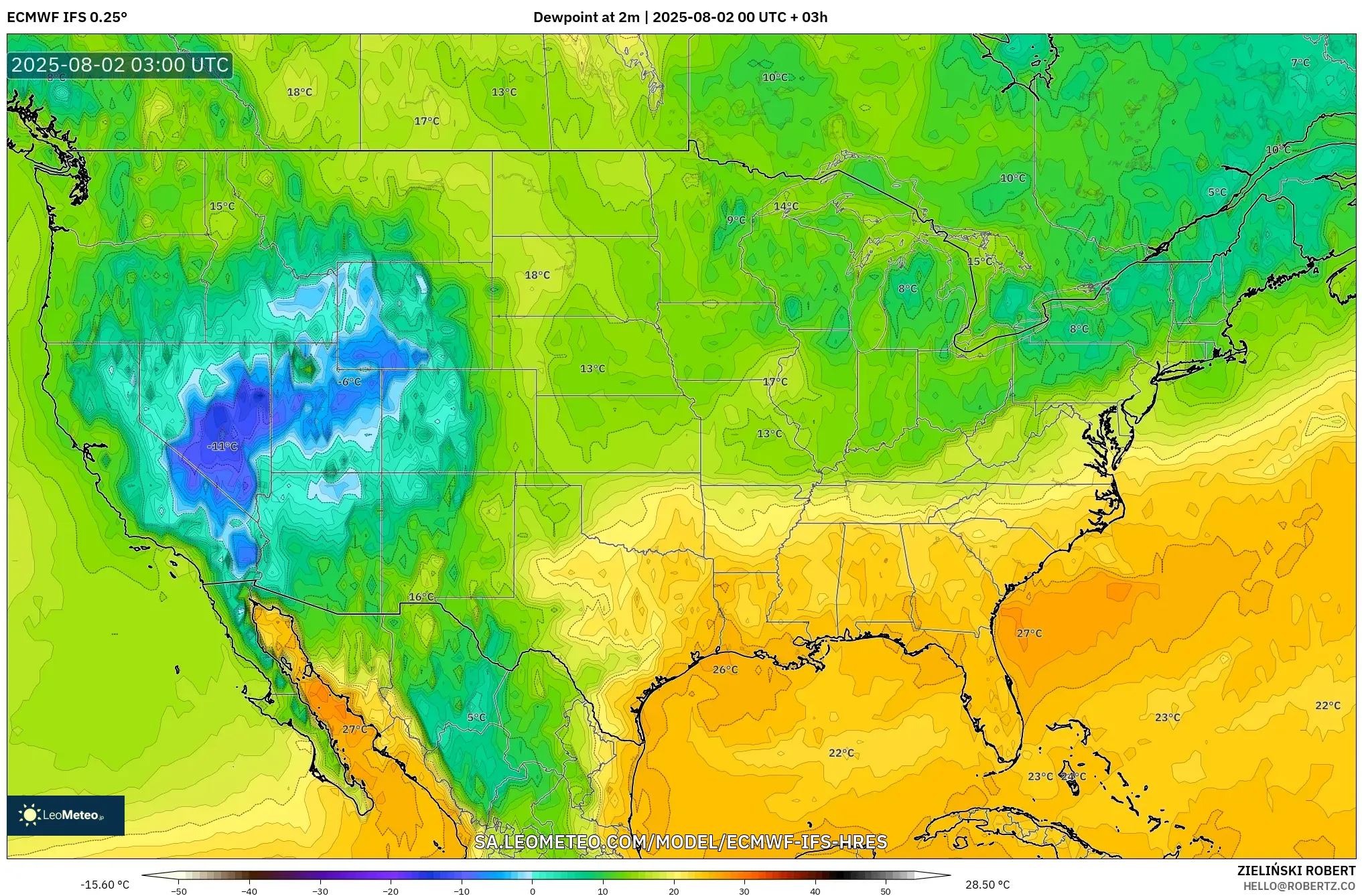 ECMWF IFS 0.25° model - Amerika Serikat, Titik Embun 2 m