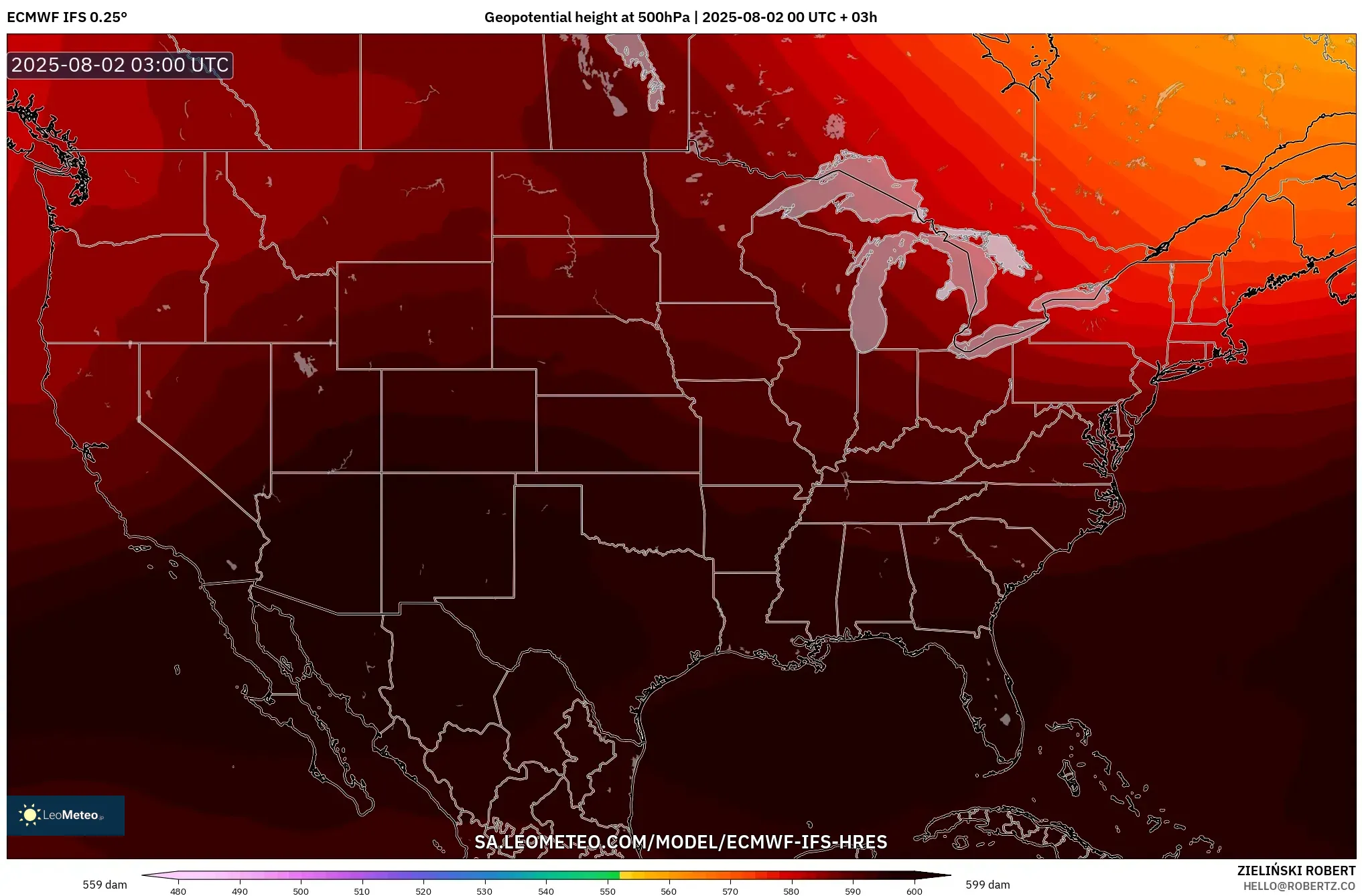 ECMWF IFS 0.25° model - Amerika Serikat, Ketinggian geopotensial pada 500 hPa