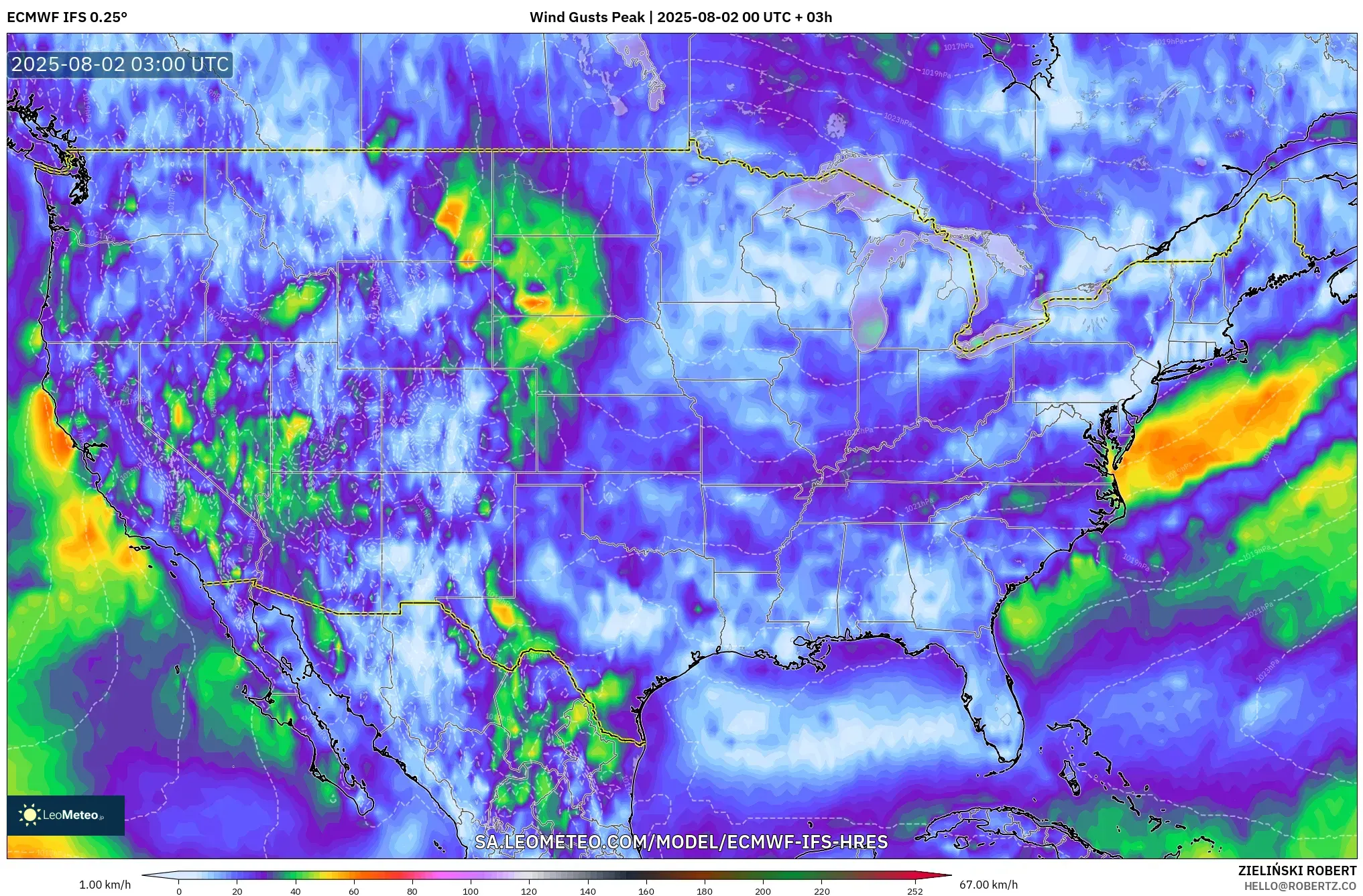 ECMWF IFS 0.25° model - Amerika Serikat, Puncak Hembusan ECMWF IFS 0.25° model - Amerika Serikat, Puncak Hembusan