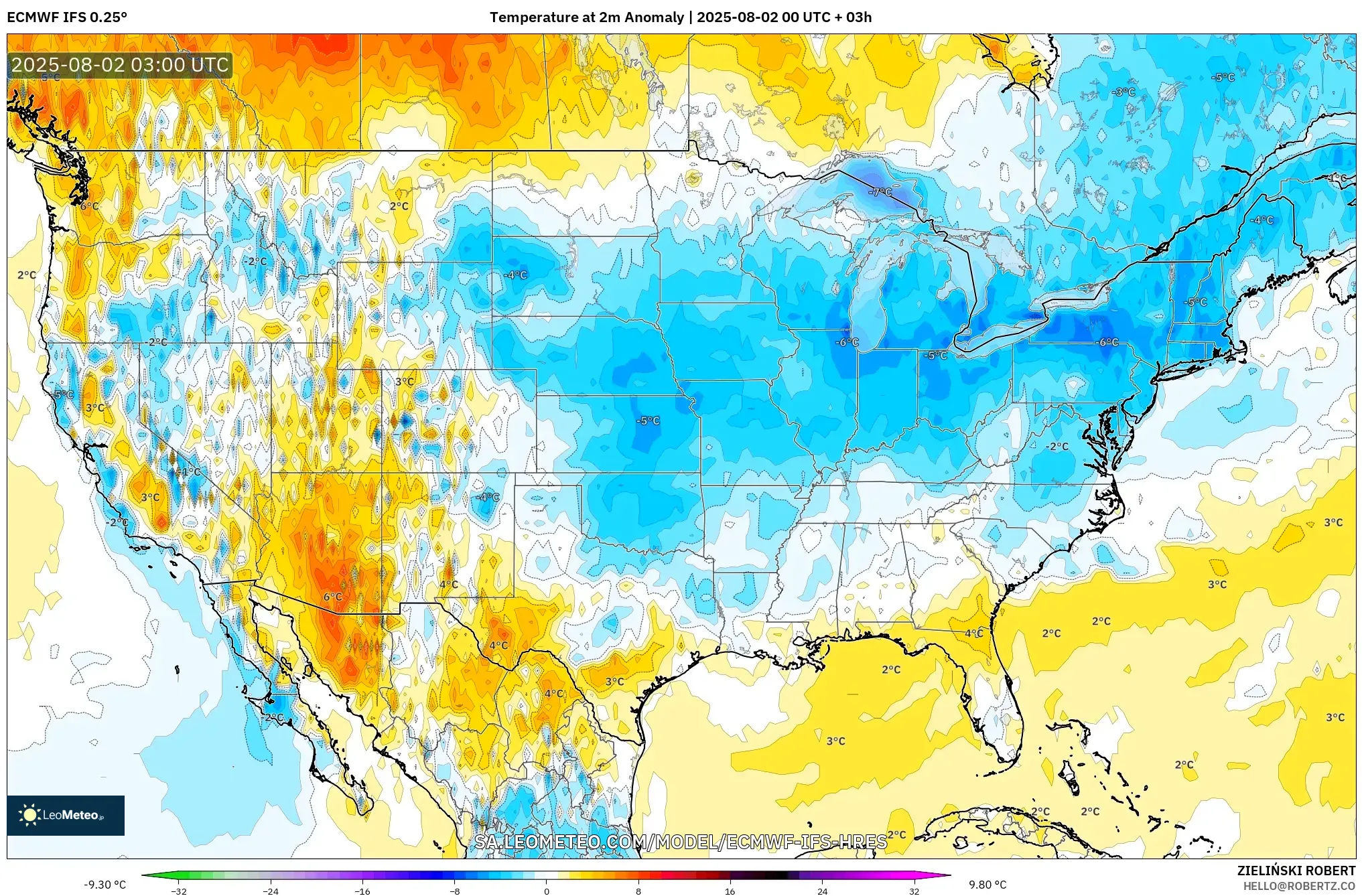 ECMWF IFS 0.25° model - Amerika Serikat, Anomali Suhu 2 m ECMWF IFS 0.25° model - Amerika Serikat, Anomali Suhu 2 m