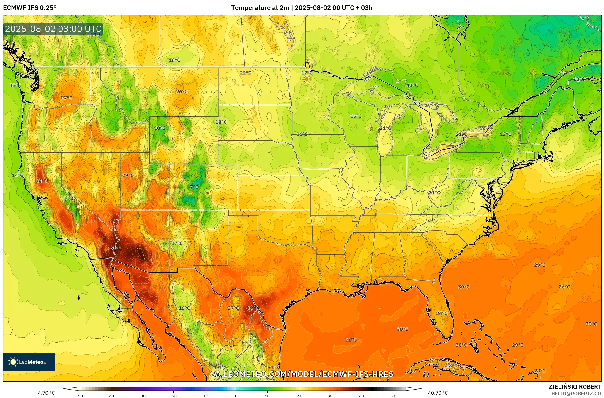 ECMWF IFS 0.25° model - Amerika Serikat, Suhu 2 m ECMWF IFS 0.25° model - Amerika Serikat, Suhu 2 m