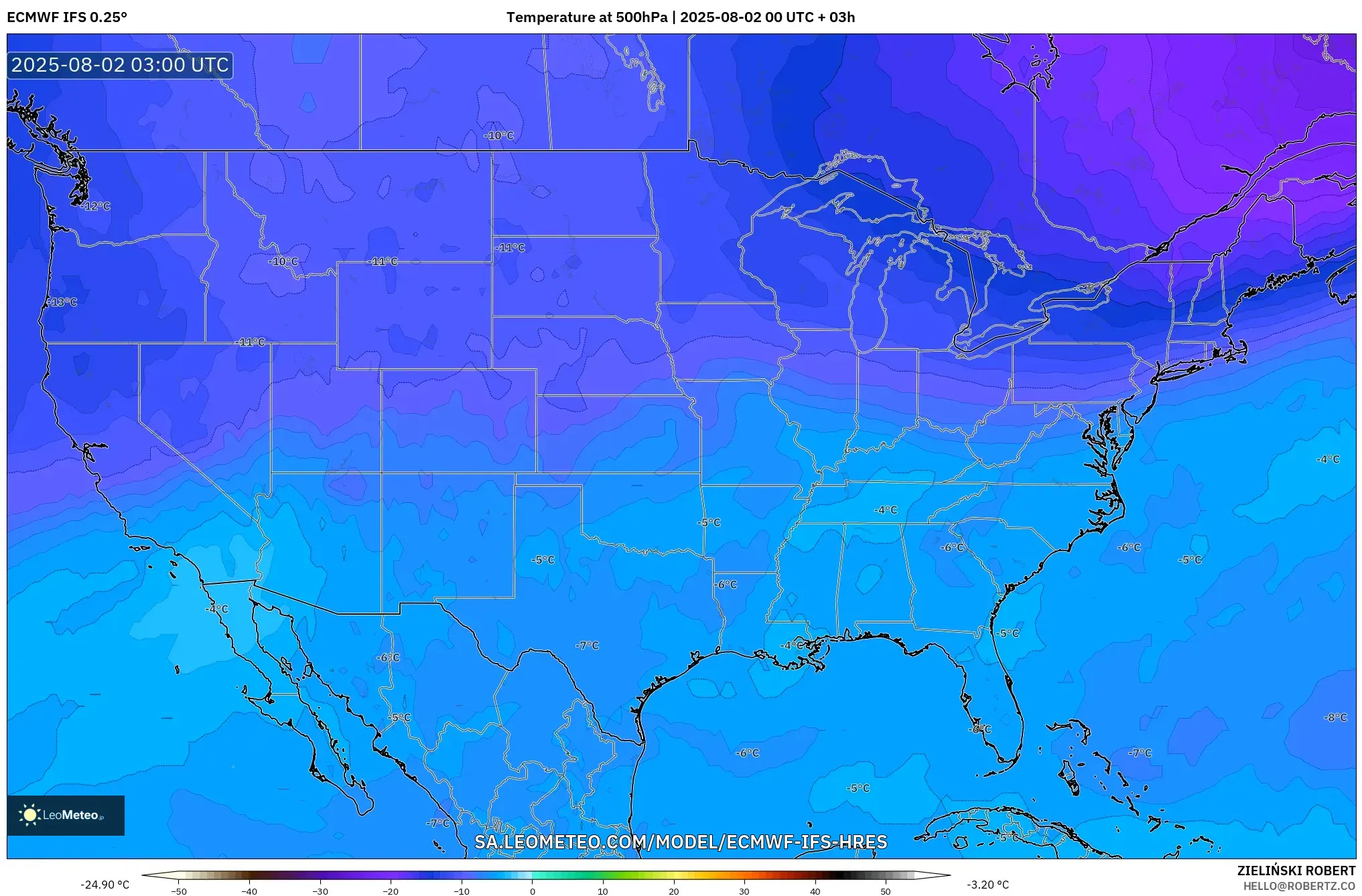 ECMWF IFS 0.25° model - Amerika Serikat, Suhu 500 hPa ECMWF IFS 0.25° model - Amerika Serikat, Suhu 500 hPa