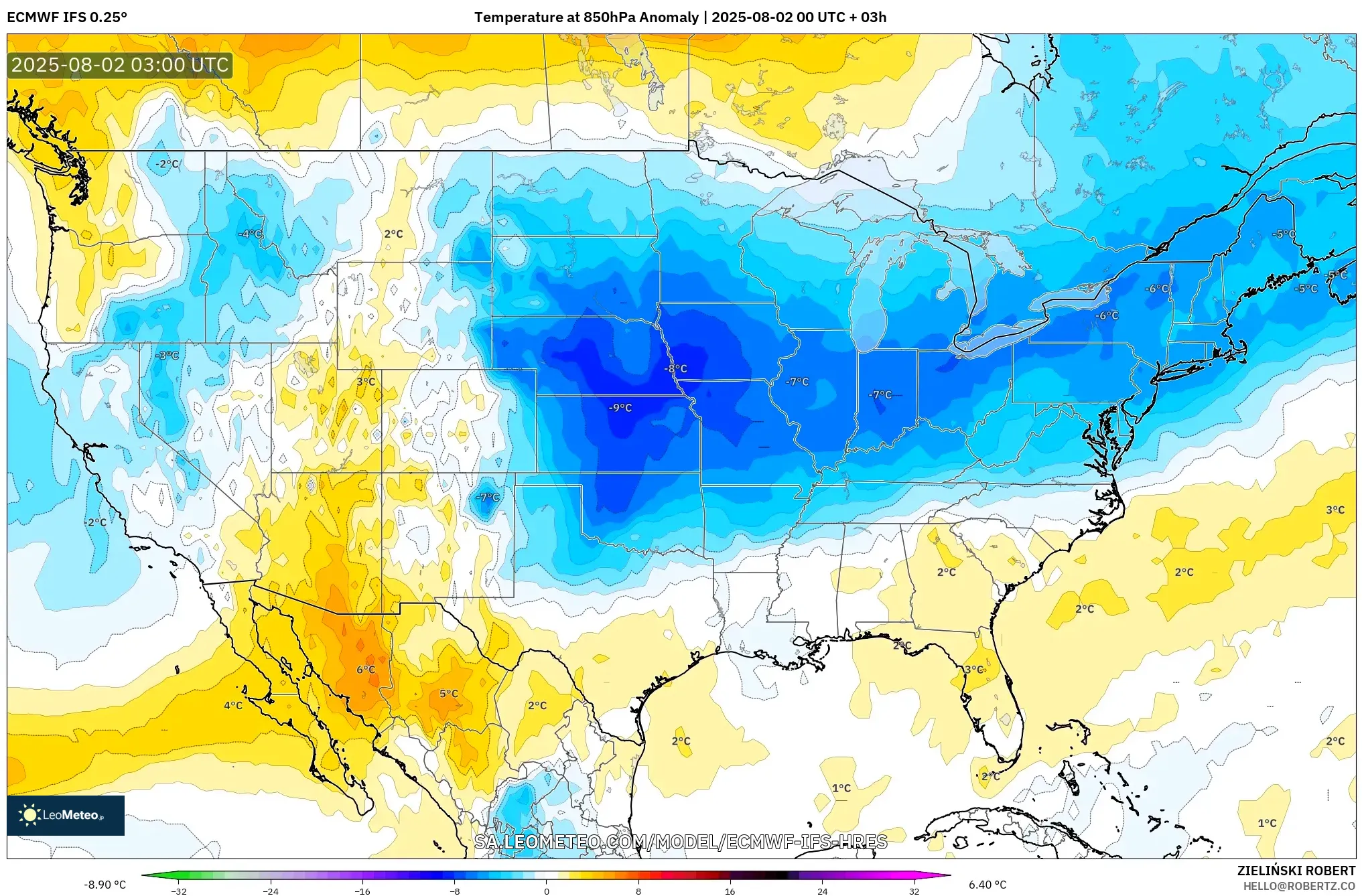 ECMWF IFS 0.25° model - Amerika Serikat, Anomali Suhu 850 hPa