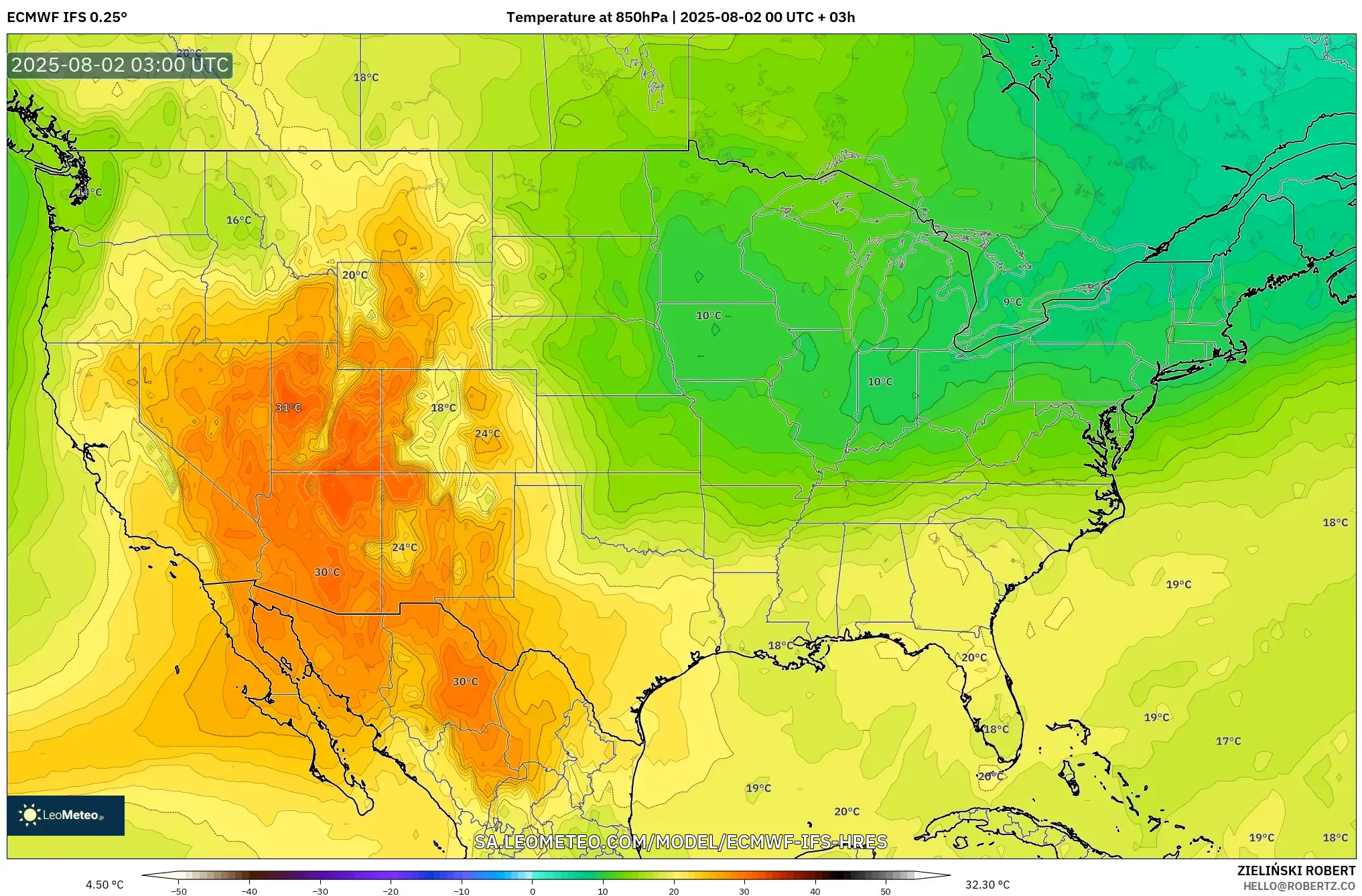 ECMWF IFS 0.25° model - Amerika Serikat, Suhu 850 hPa
