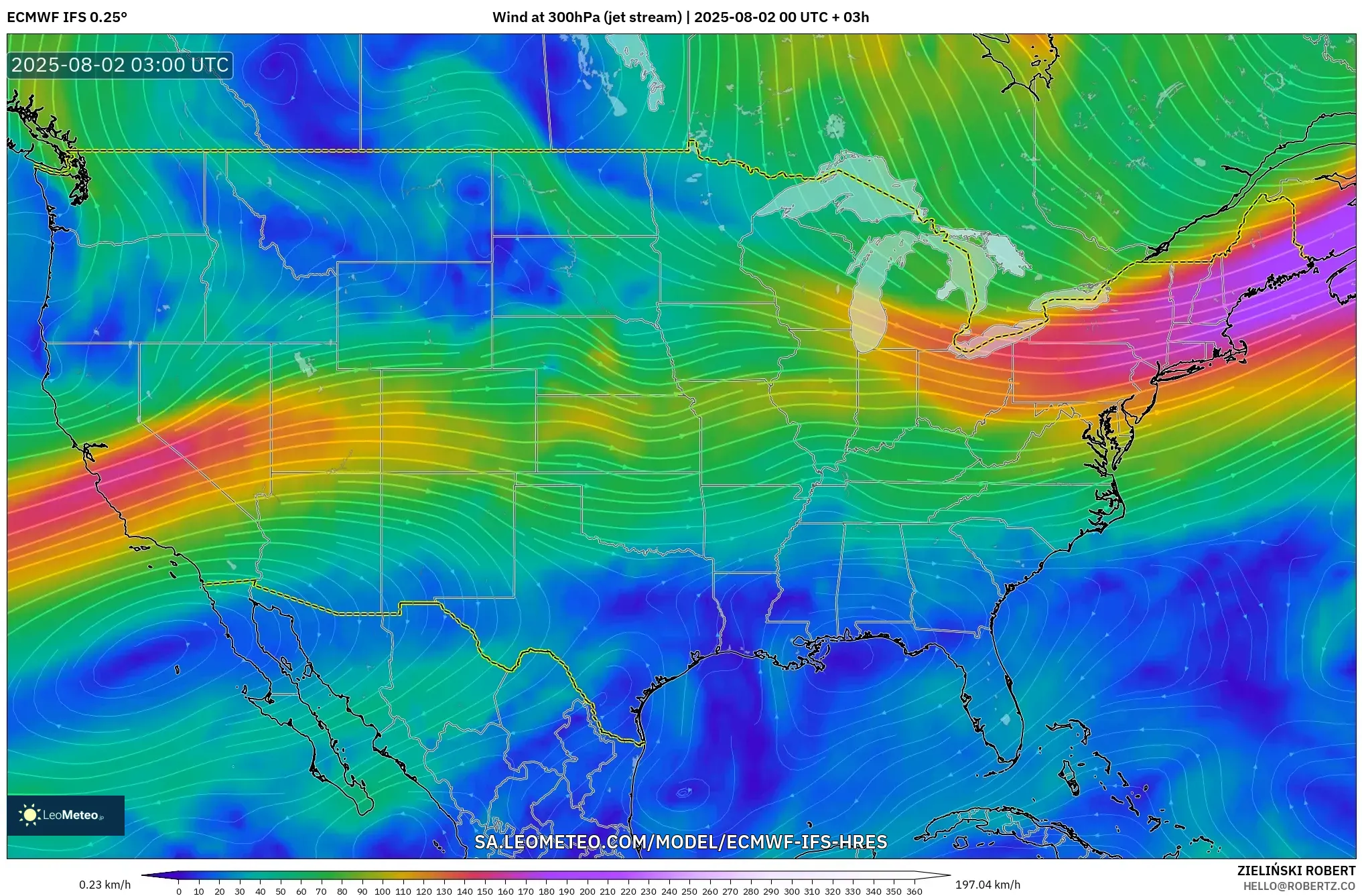 ECMWF IFS 0.25° model - Amerika Serikat, Angin 300 hPa (aliran jet) ECMWF IFS 0.25° model - Amerika Serikat, Angin 300 hPa (aliran jet)