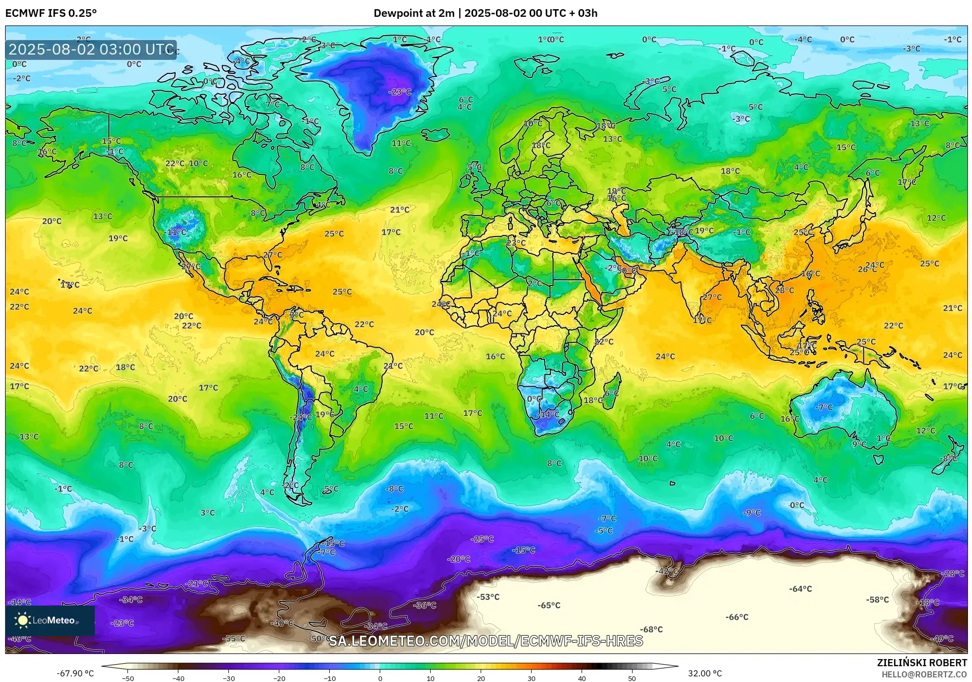 ECMWF IFS 0.25° model - Dunia, Titik Embun 2 m ECMWF IFS 0.25° model - Dunia, Titik Embun 2 m
