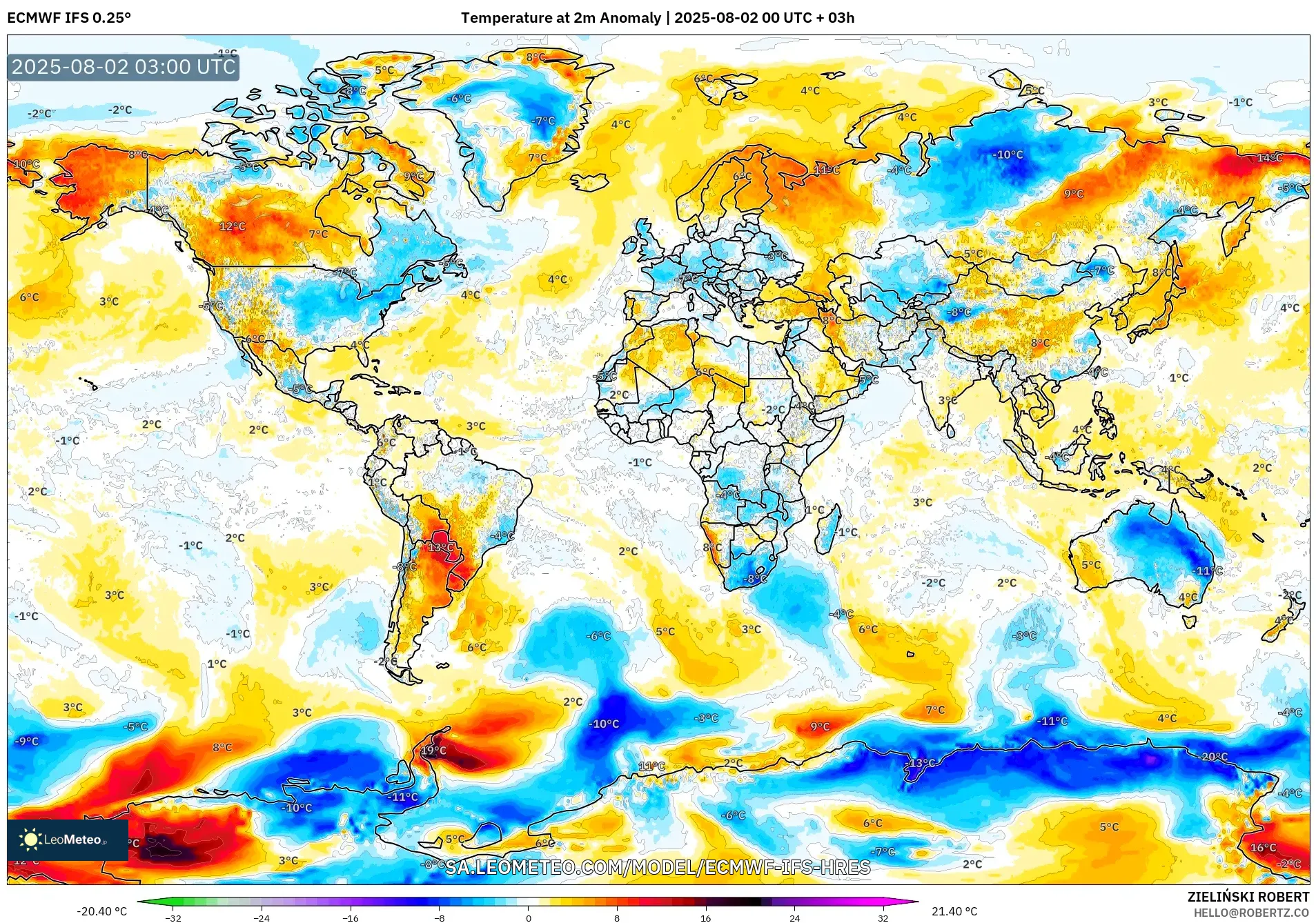 ECMWF IFS 0.25° model - Dunia, Anomali Suhu 2 m