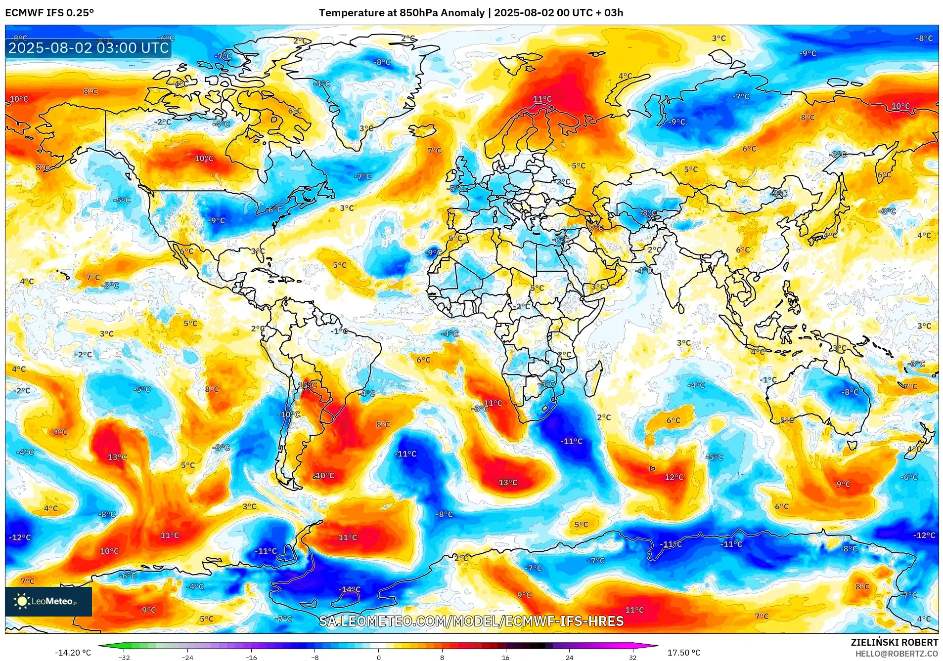 ECMWF IFS 0.25° model - Dunia, Anomali Suhu 850 hPa ECMWF IFS 0.25° model - Dunia, Anomali Suhu 850 hPa