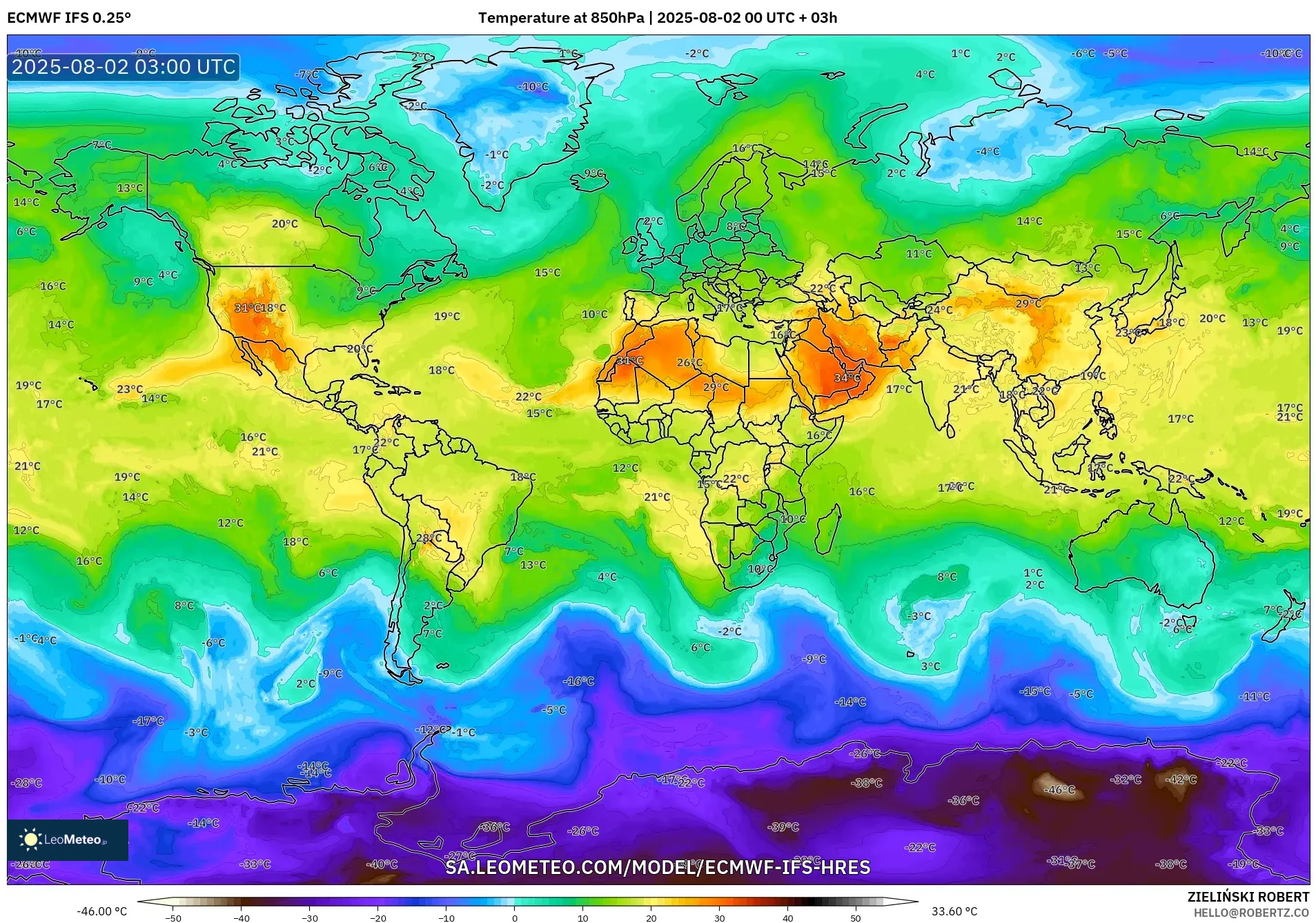 ECMWF IFS 0.25° model - Dunia, Suhu 850 hPa