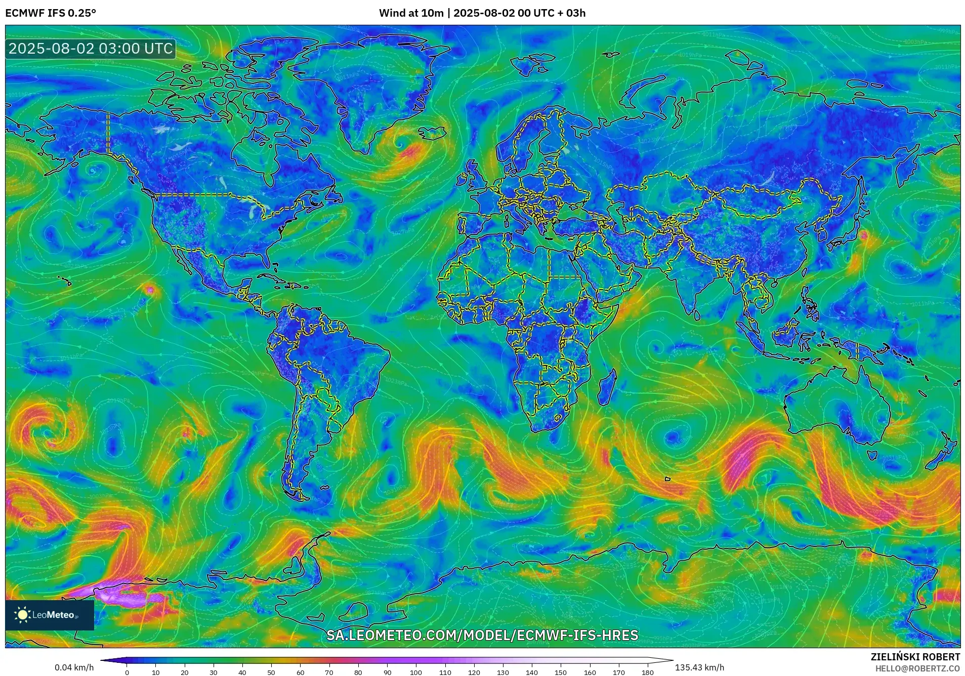ECMWF IFS 0.25° model - Dunia, Angin 10 m
