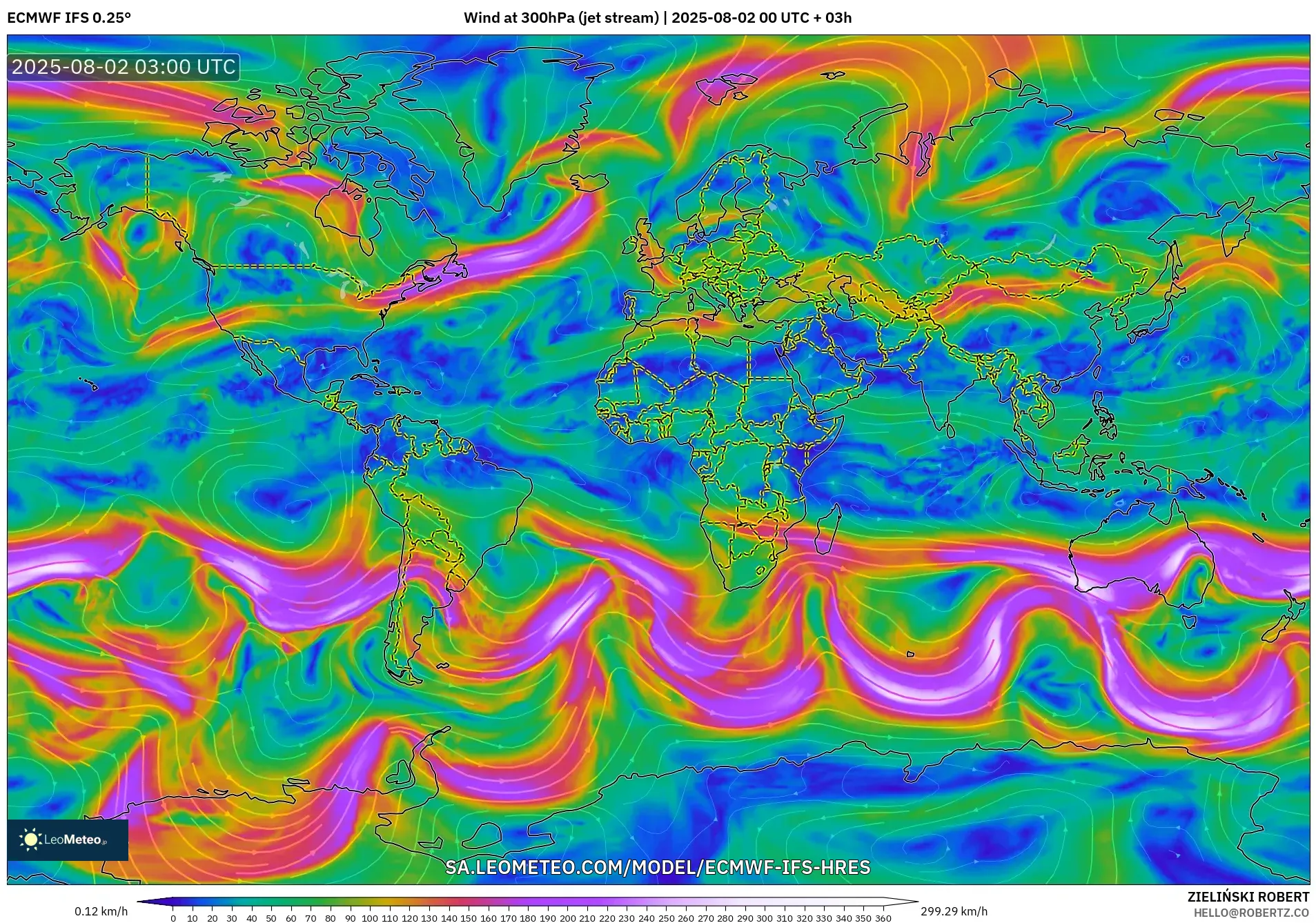 ECMWF IFS 0.25° model - Dunia, Angin 300 hPa (aliran jet) ECMWF IFS 0.25° model - Dunia, Angin 300 hPa (aliran jet)