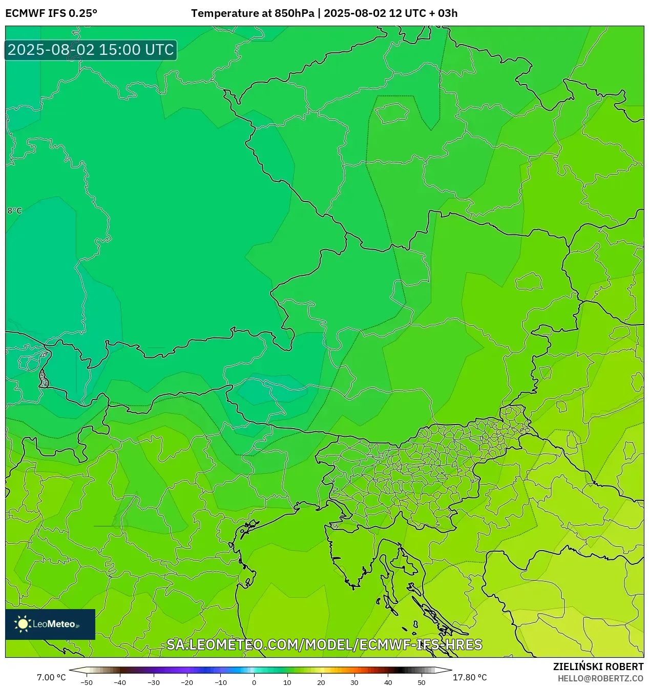 ECMWF IFS 0.25° model - Austria, Temperature at 850hPa ECMWF IFS 0.25° model - Austria, Temperature at 850hPa
