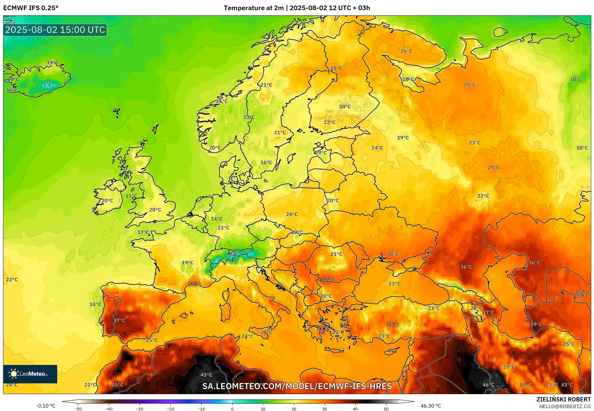 ECMWF IFS 0.25° model - Europe, Temperature at 2m ECMWF IFS 0.25° model - Europe, Temperature at 2m