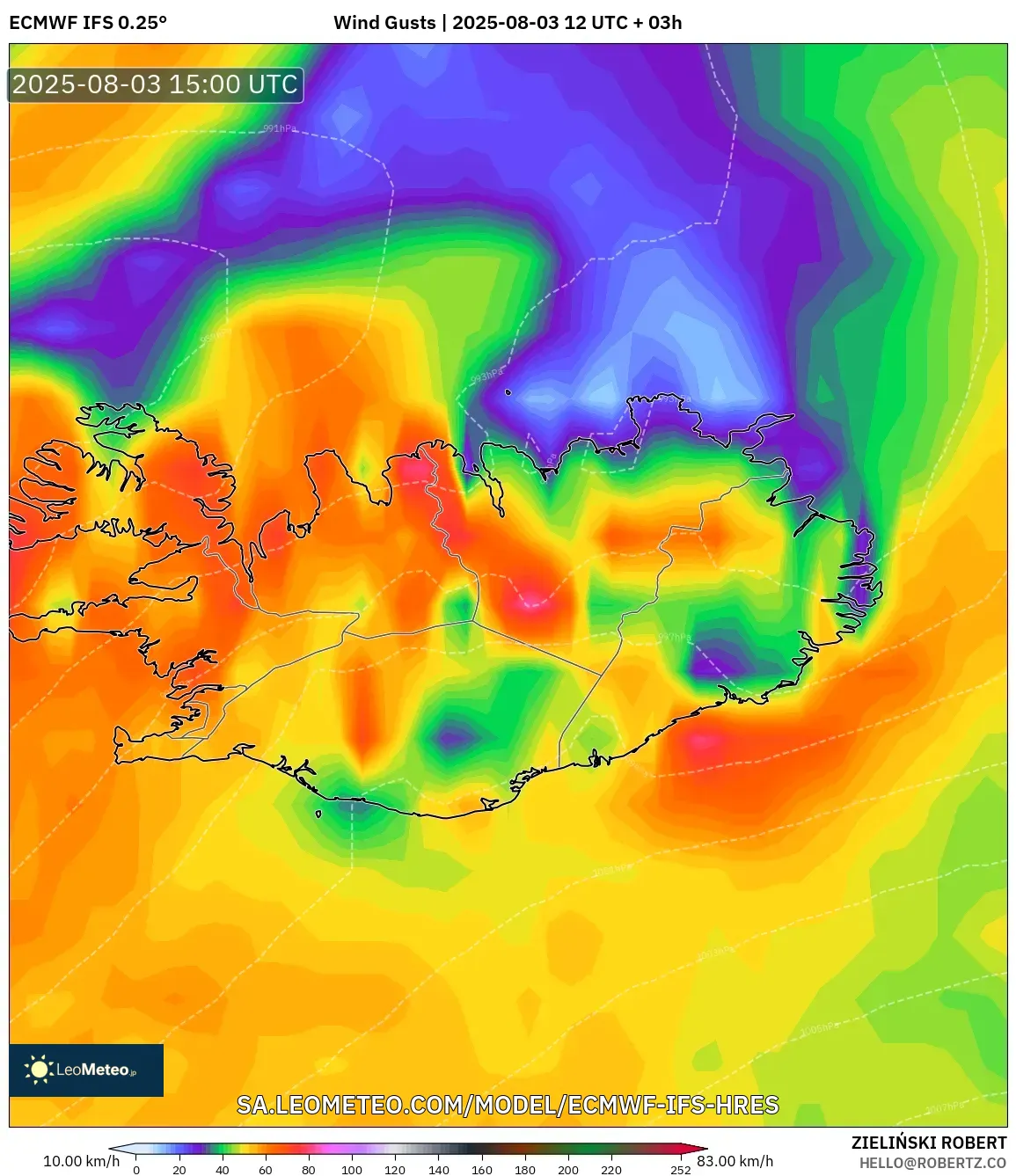 ECMWF IFS 0.25° model - Iceland, Wind Gusts