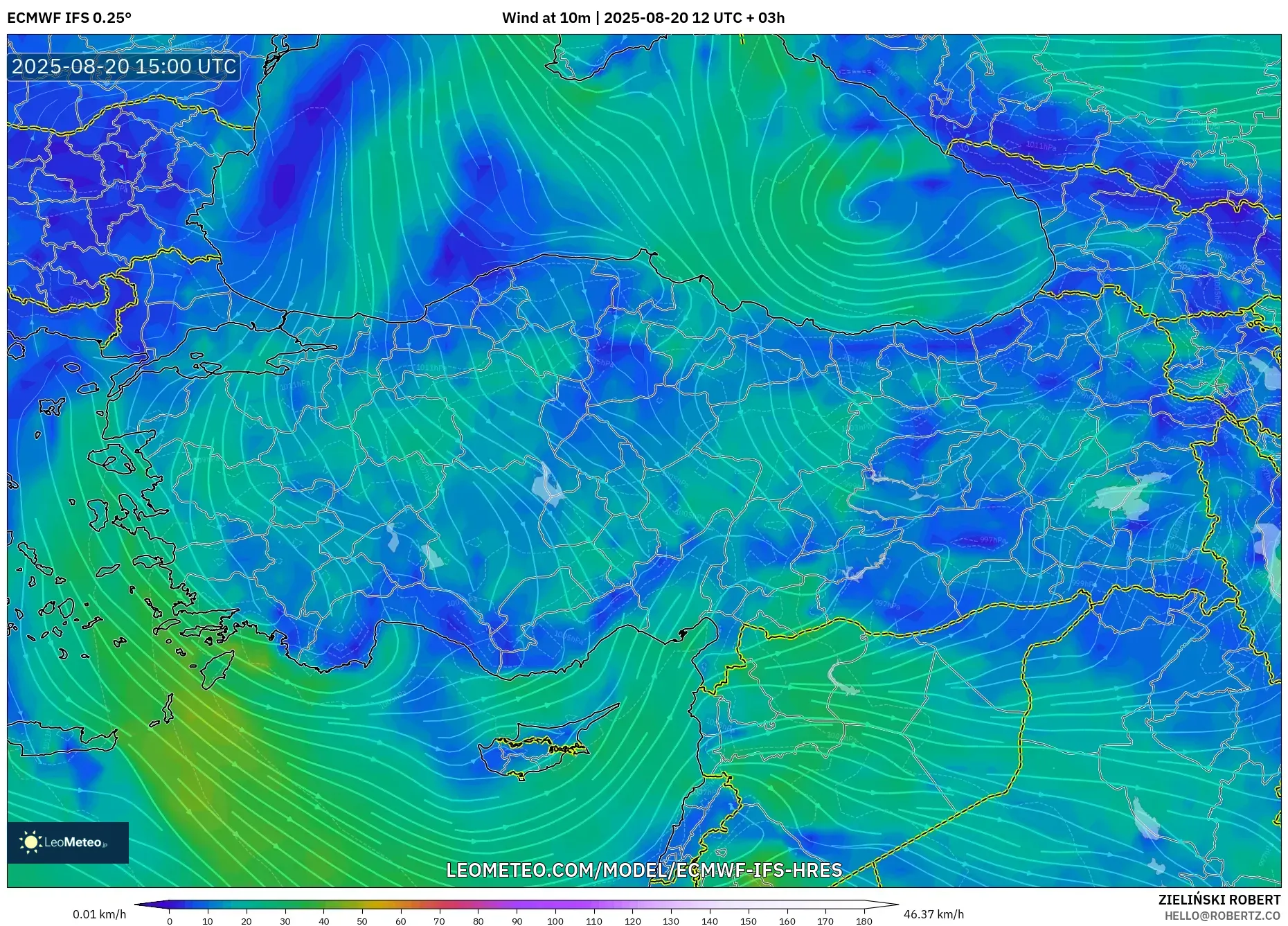 ECMWF IFS 0.25° model - Turkey, Wind at 10m