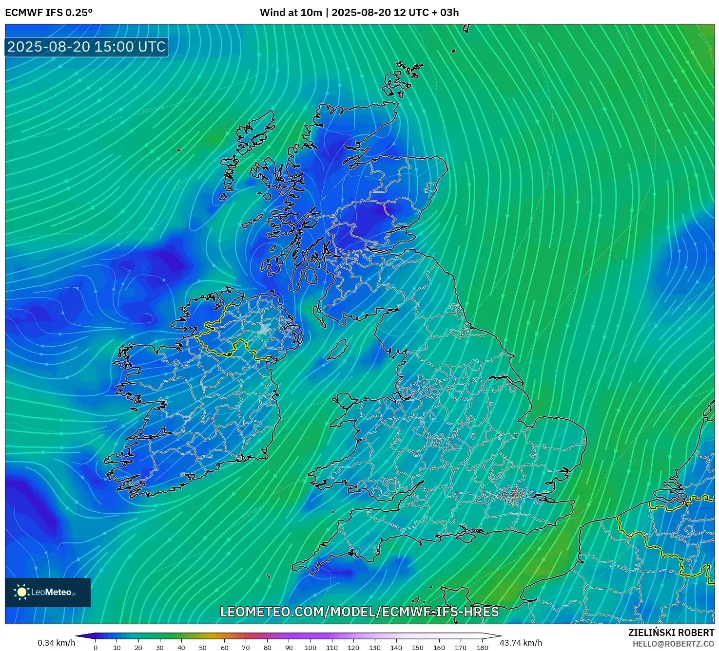 ECMWF IFS 0.25° model - United Kingdom, Wind at 10m