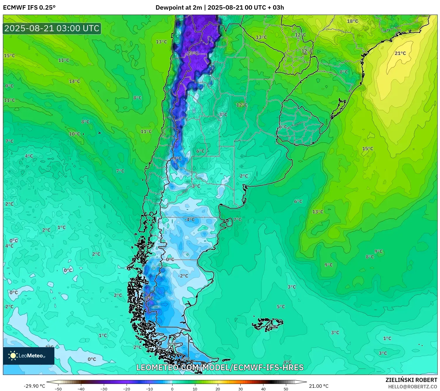 ECMWF IFS 0.25° model - Argentina, Dewpoint at 2m