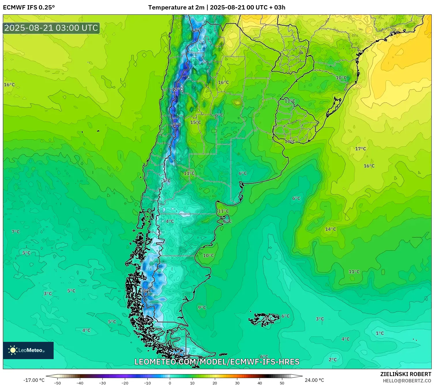 ECMWF IFS 0.25° model - Argentina, Temperature at 2m